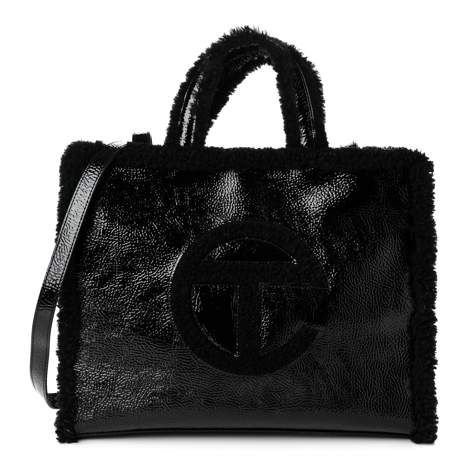 Telfar X UGG Crinkle Patent Shearling Medium Shopping Bag Black