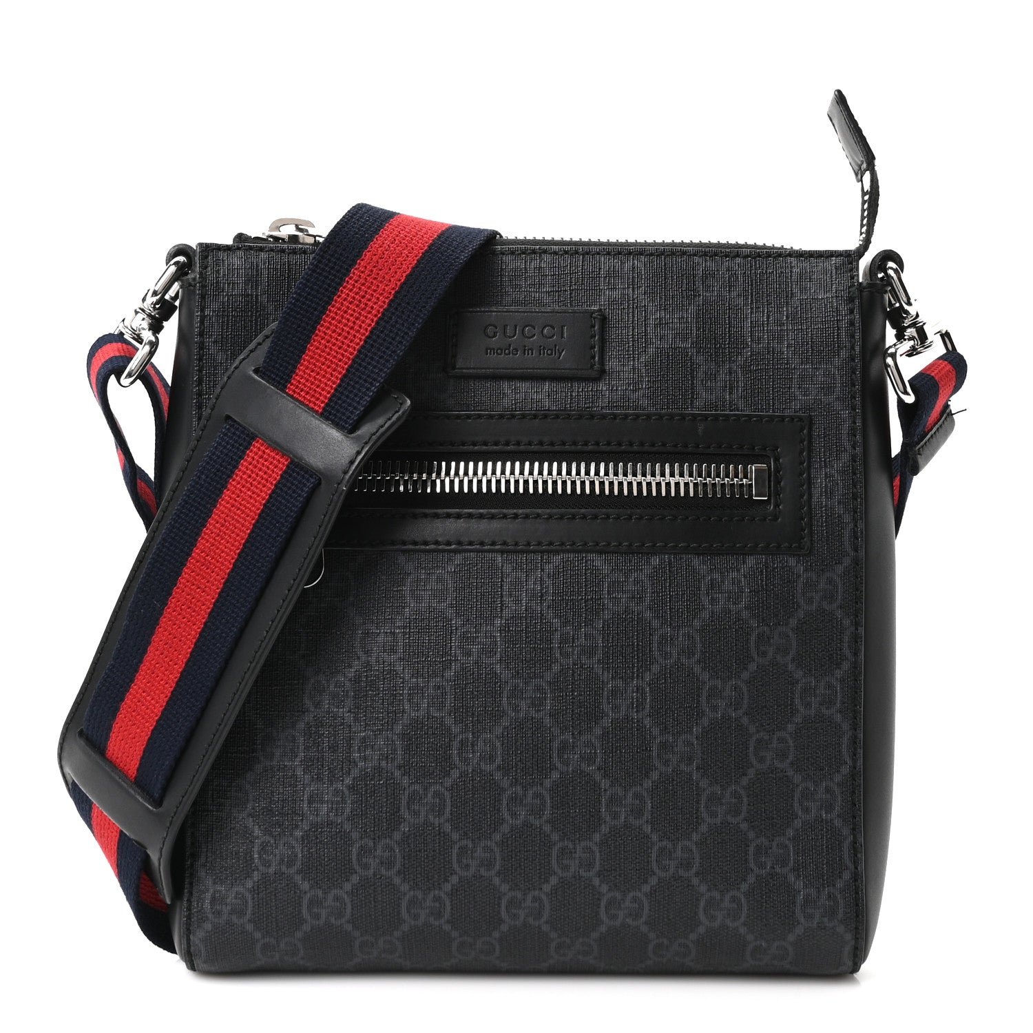 Gucci GG Supreme Monogram Web Small Flat Messenger Bag Black Grey
