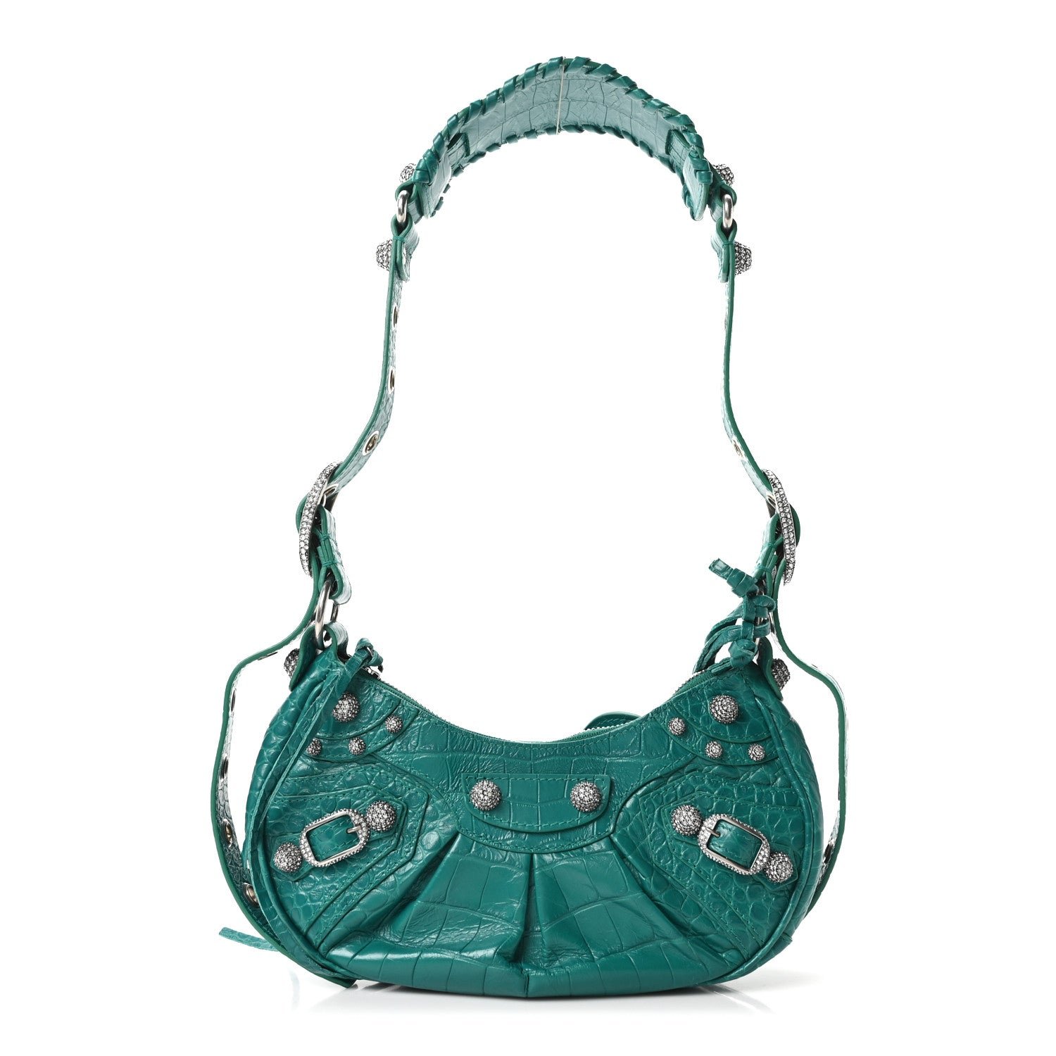 Balenciaga Extra Supple Calfskin Crystal Crocodile Embossed Le Cagole Shoulder Bag XS Jade