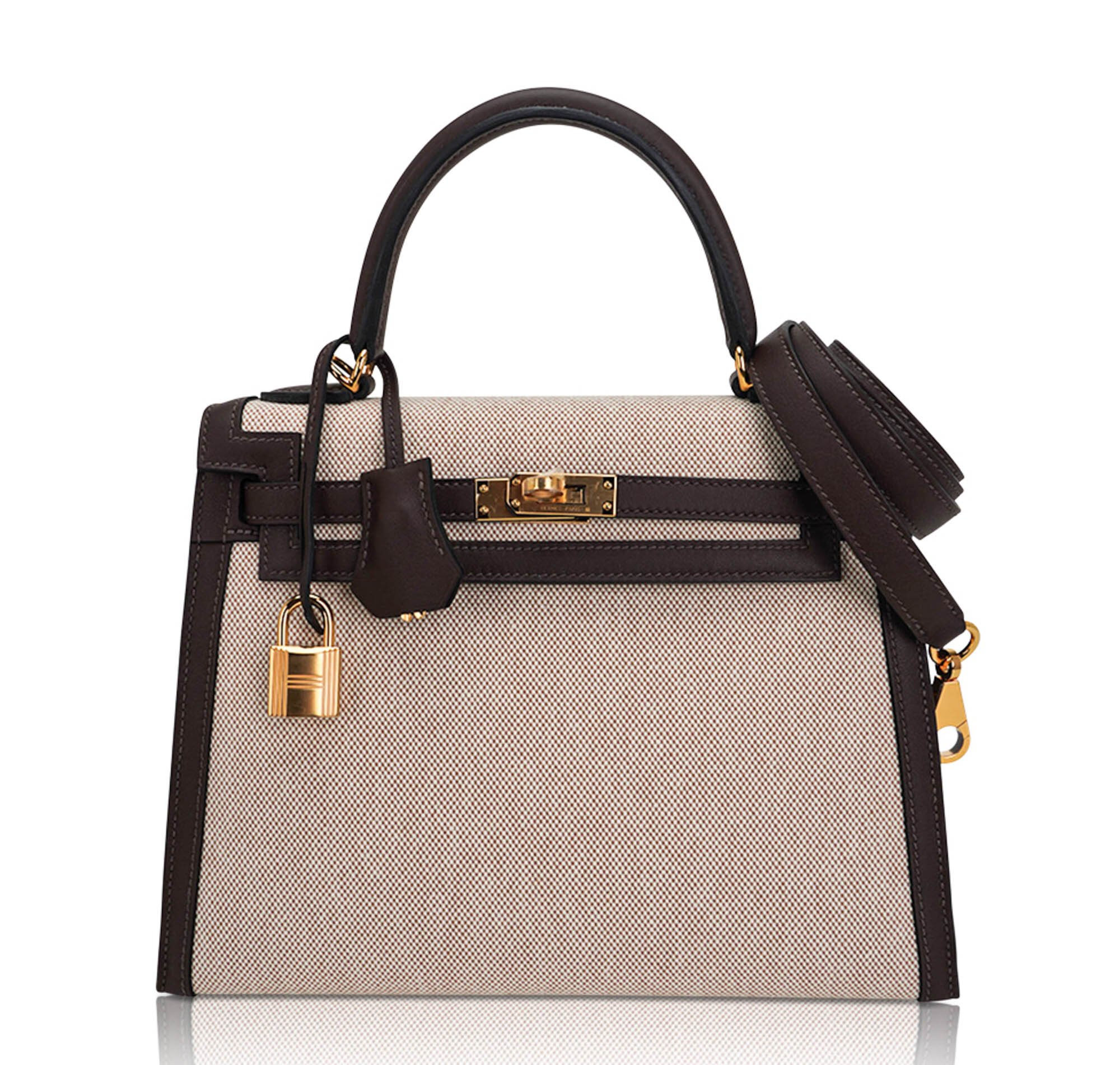 Hermes Kelly Sellier 25 Bag Bai Brun Moka Toile H Swift Leather with Gold Hardware