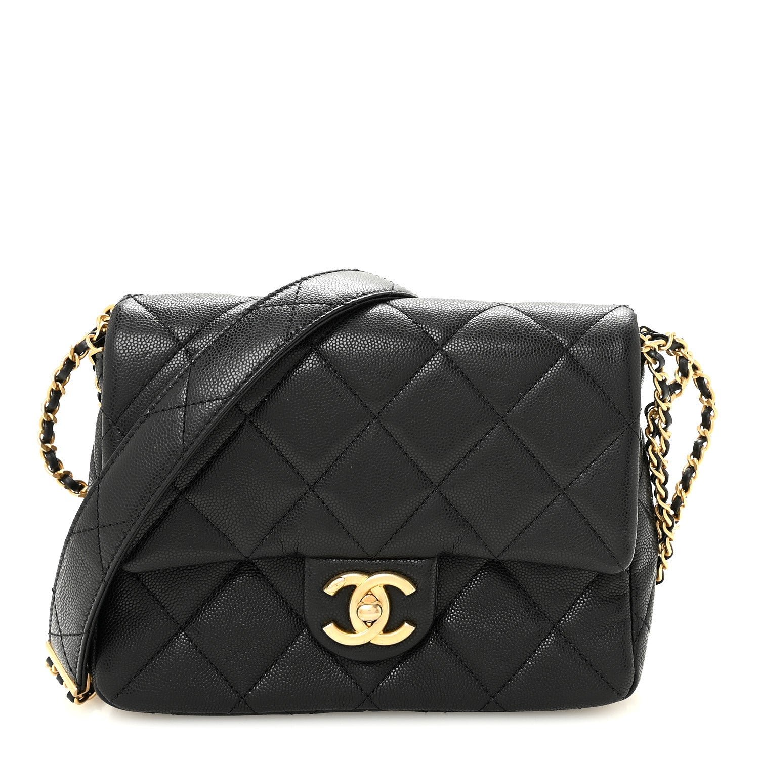 Chanel Shiny Caviar Quilted Mini Chain Messenger Flap Bag Black