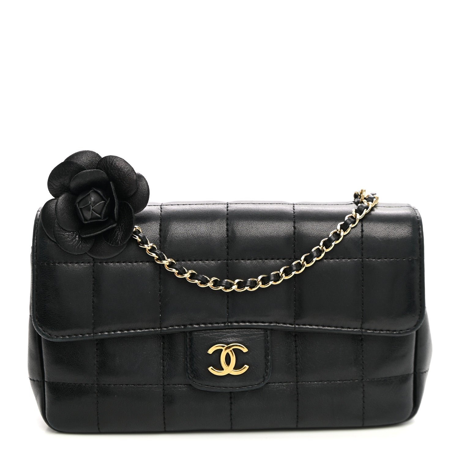 Chanel Lambskin Quilted Mini Chocolate Bar Camellia Flap Black