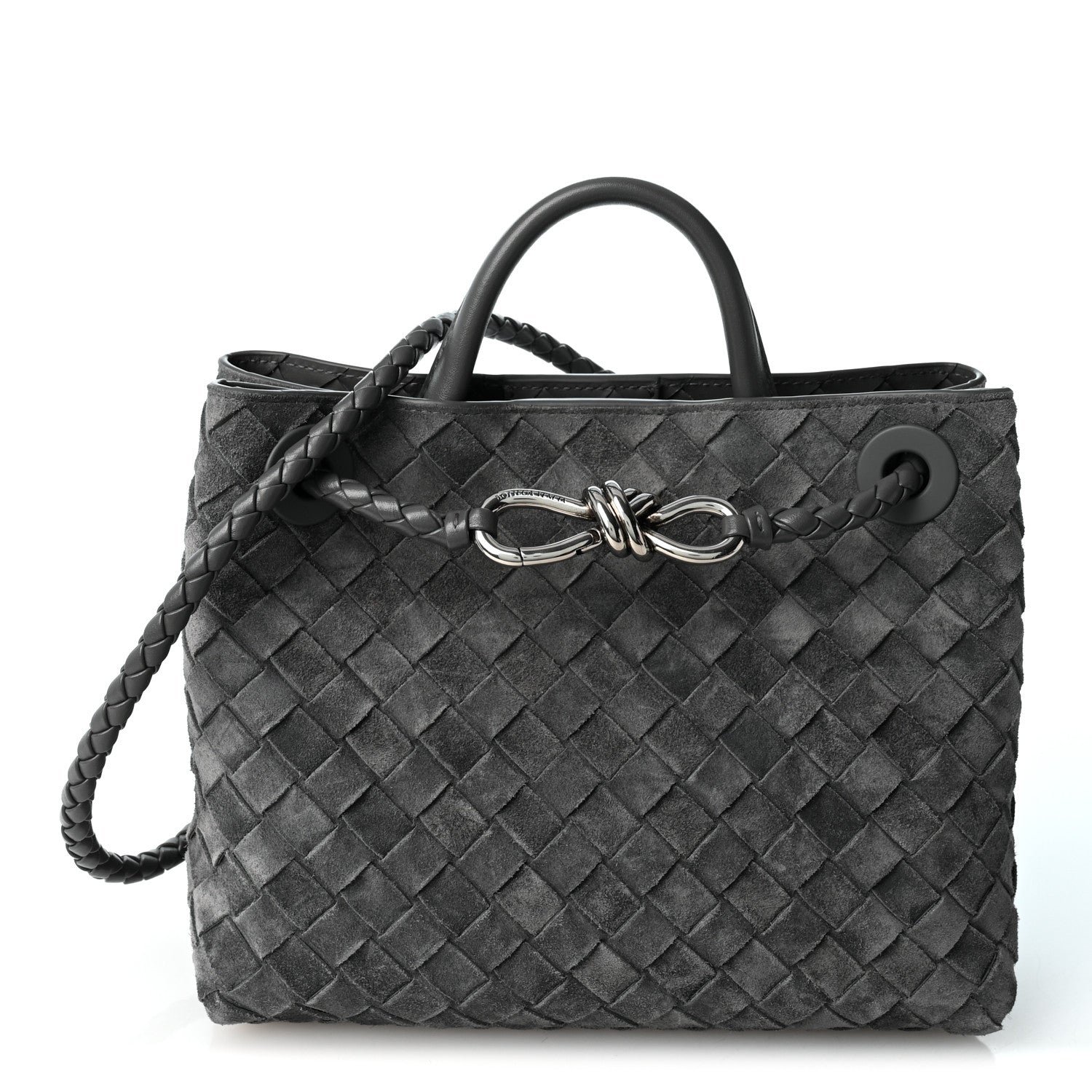Bottega Veneta Suede Intrecciato Small Andiamo Shoulder Bag Graphite