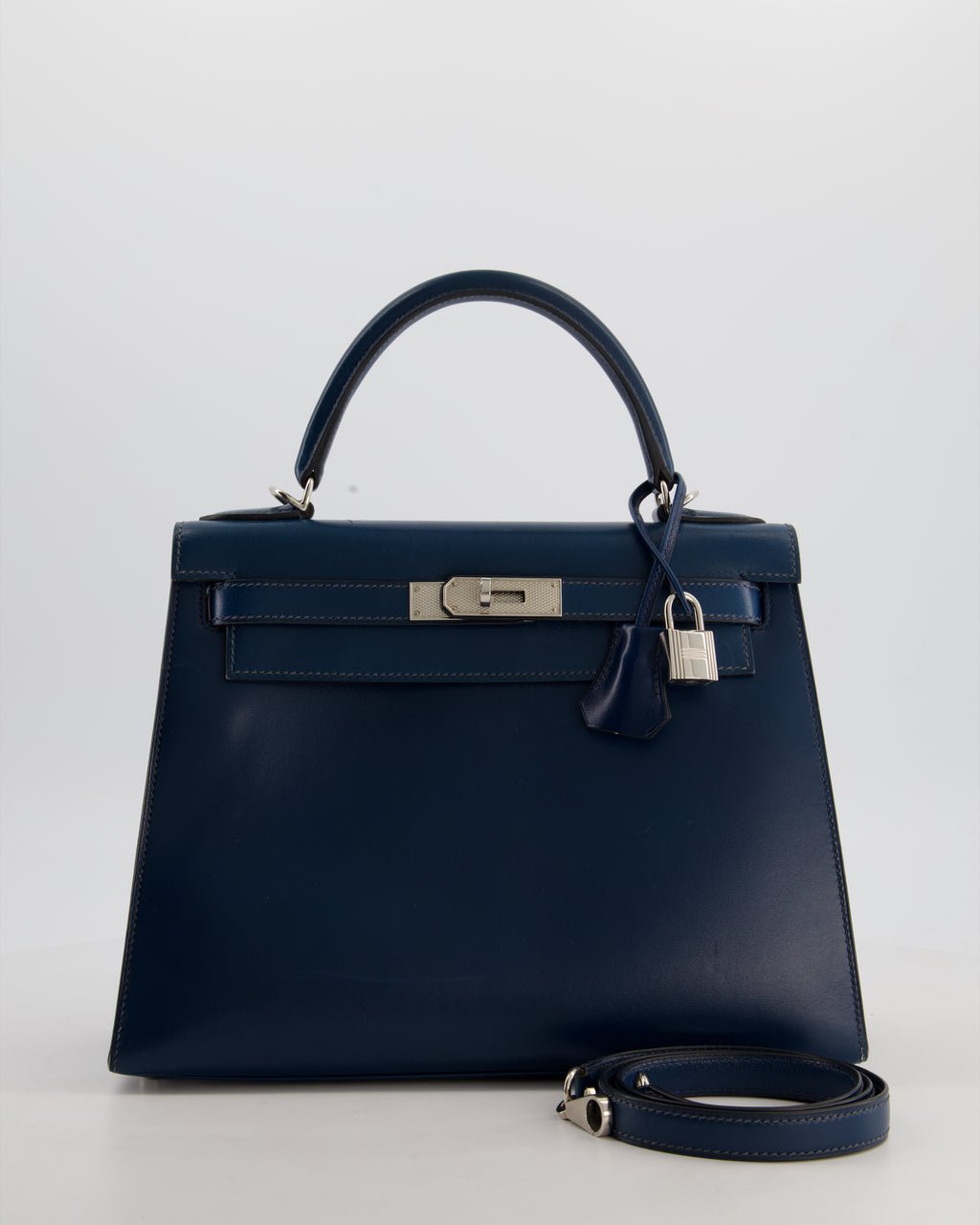 *VERY RARE* Hermès Kelly 28 Sellier Bag in Bleu De Prusse Box Calf Leather with Guilloche Palladium Hardware