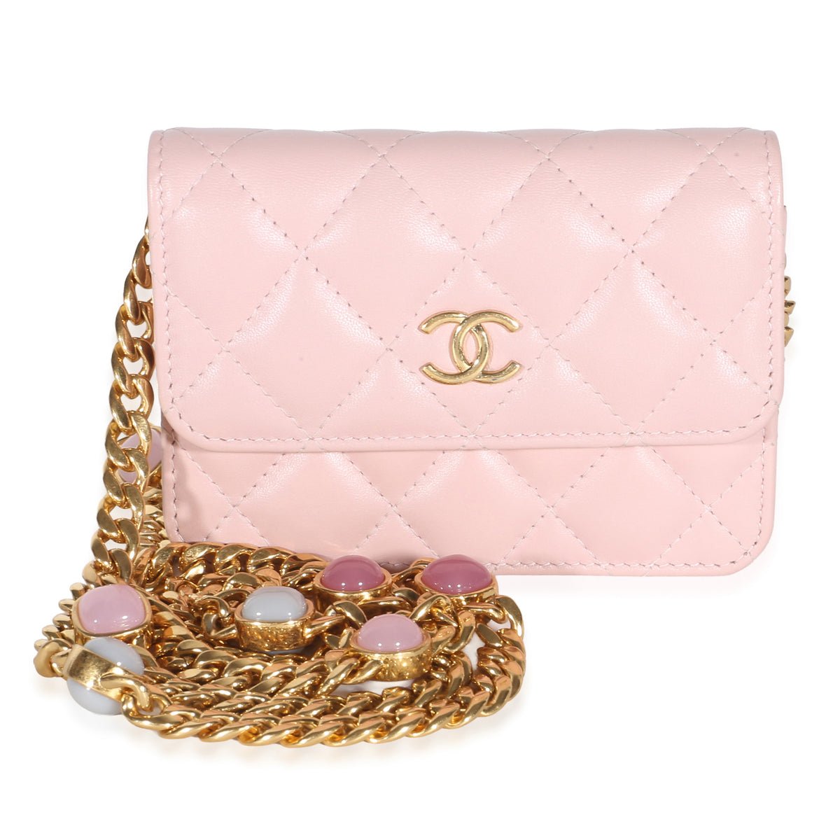 Light Pink Quilted Lambskin Jeweled Mini Wallet On Chain