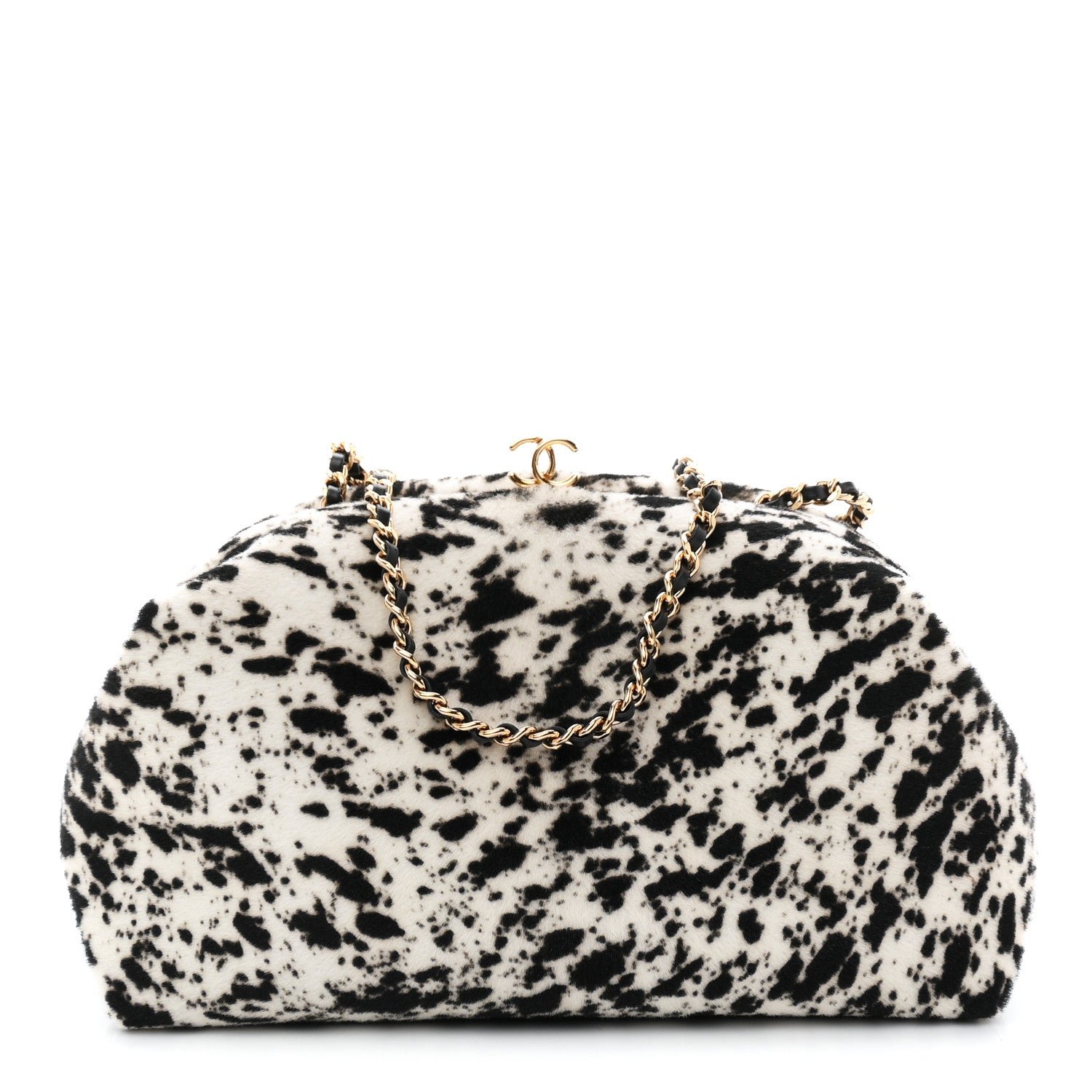 Chanel Lambskin Pony Hair Printed Clutch With Chain Black White