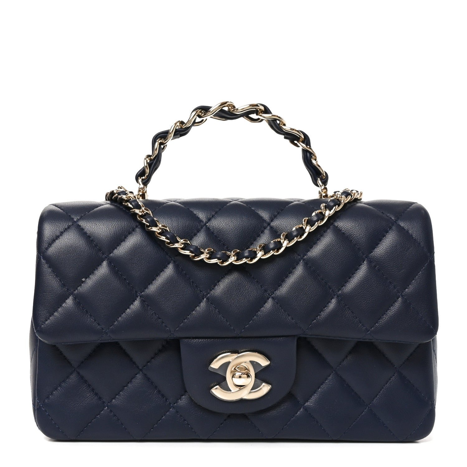 Chanel Lambskin Quilted Mini Chain Top Handle Rectangular Flap Navy