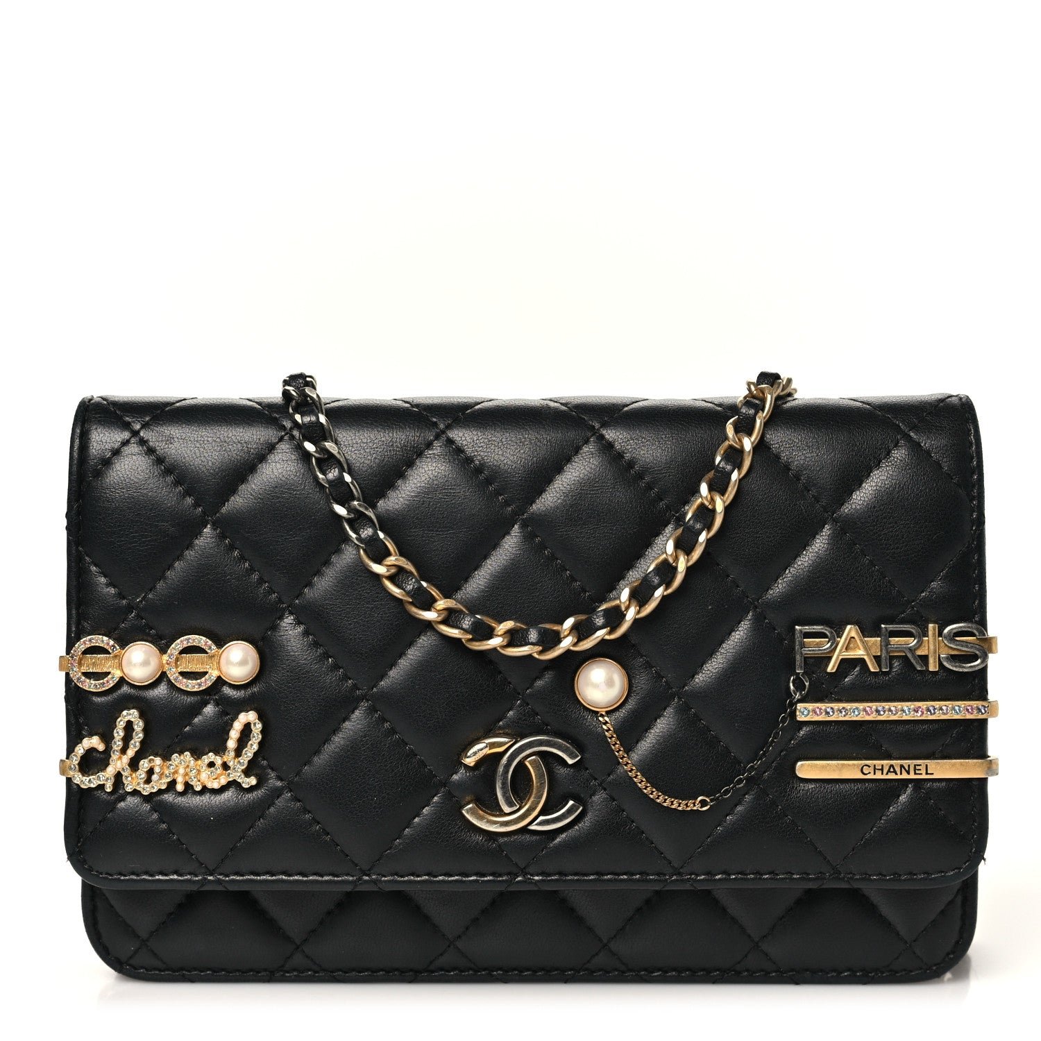 Chanel Lambskin Quilted Coco Clips Wallet On Chain WOC Black