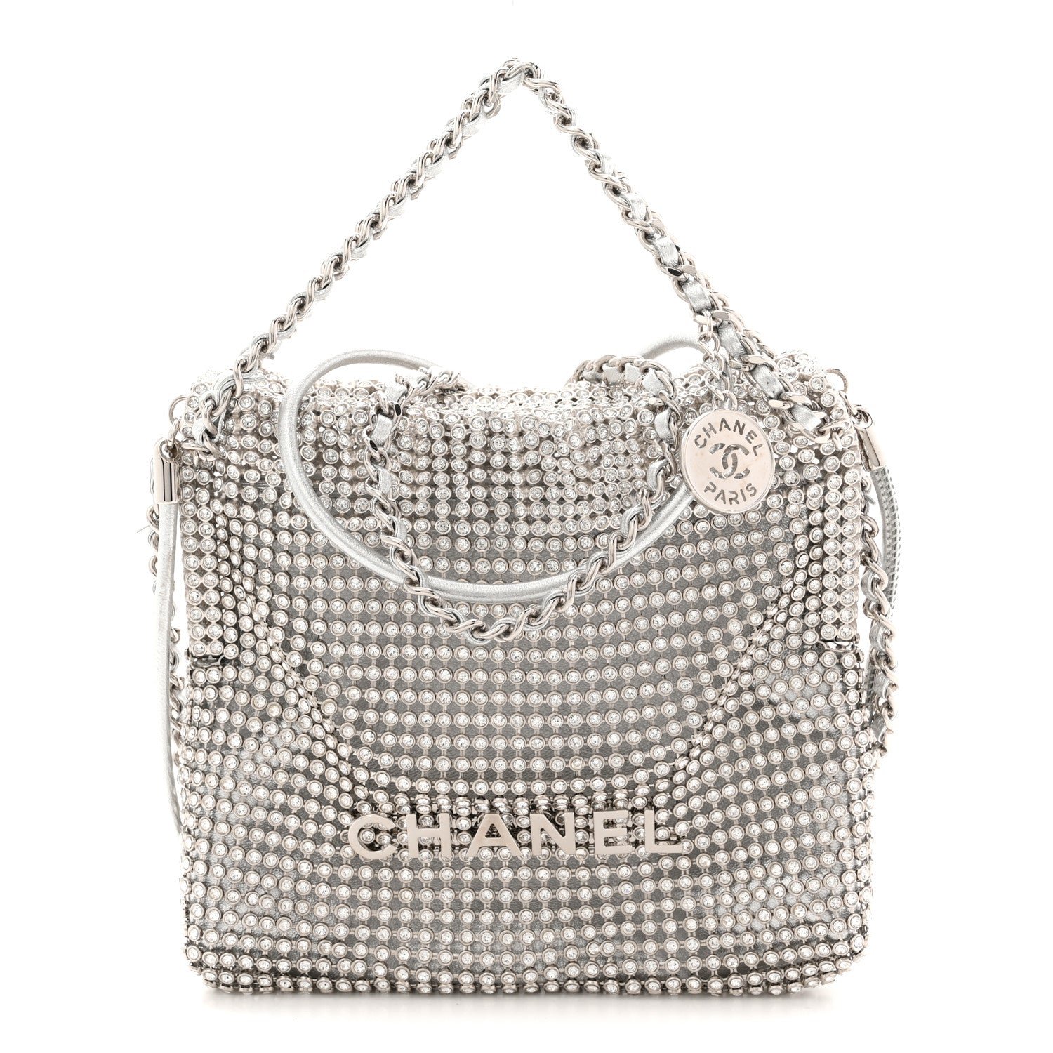 Chanel Crystal Embellished Metallic Lambskin Mini Chanel 22 Silver