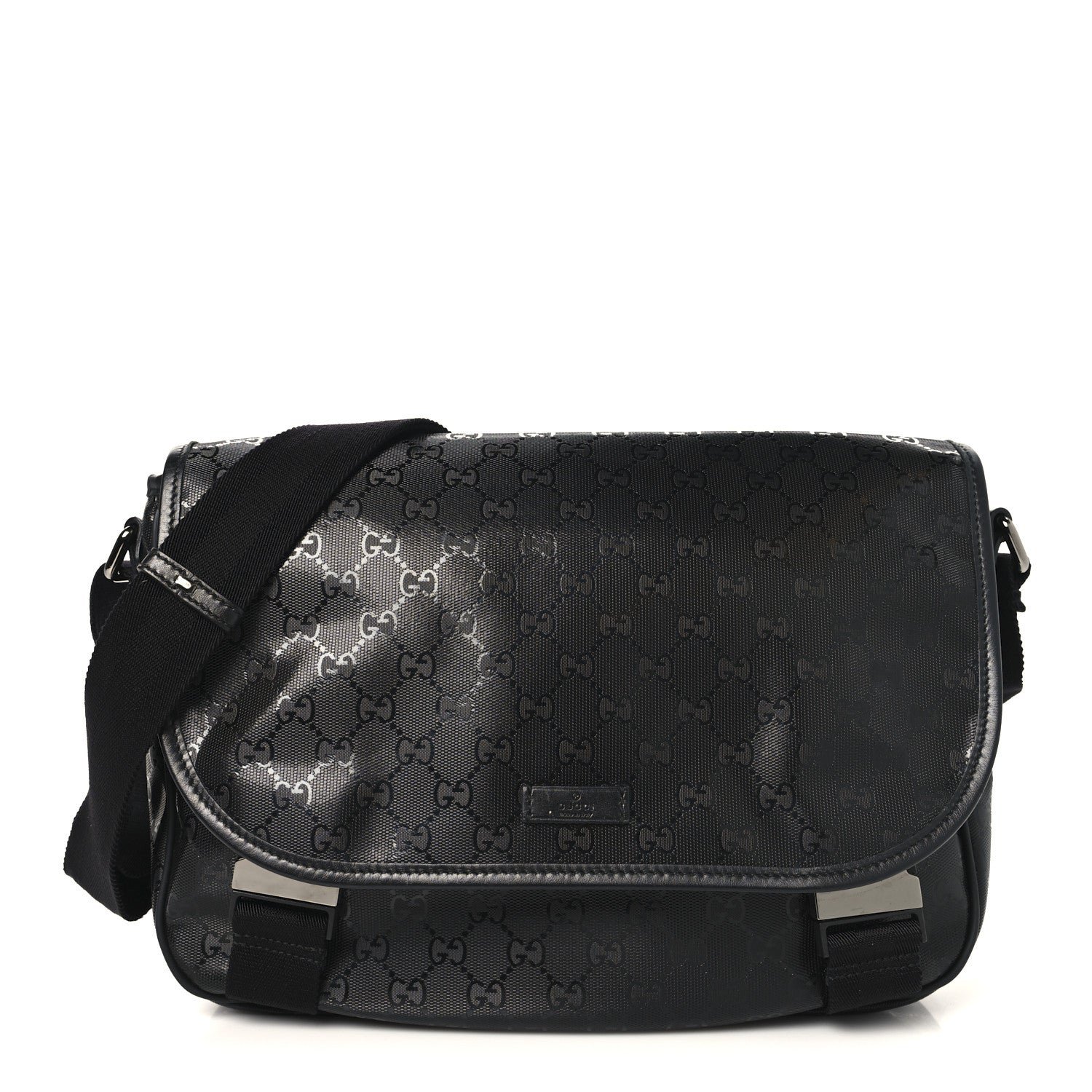 Gucci Imprime Monogram Medium Double Buckle Flap Messenger Bag Black