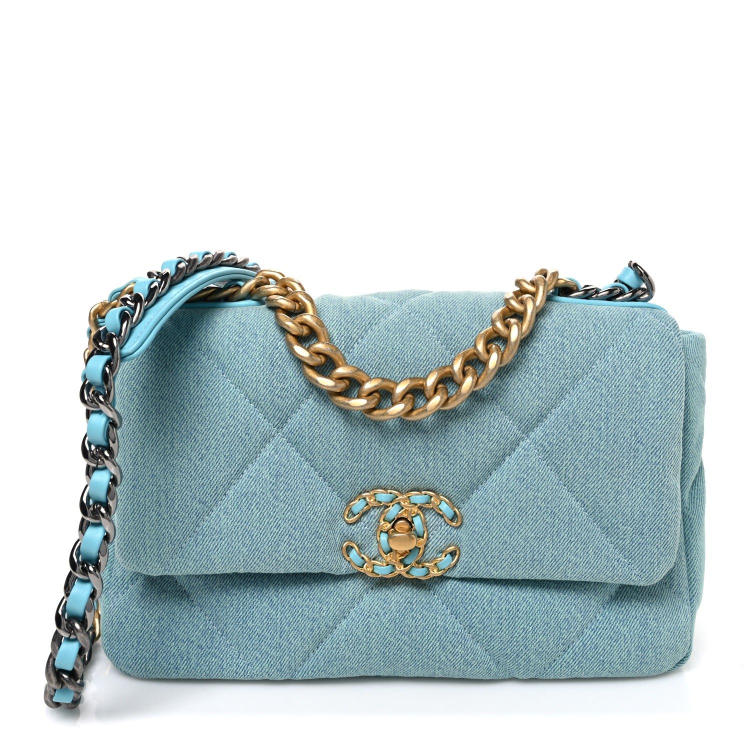 Chanel Denim Quilted Medium Chanel 19 Flap Neon Blue