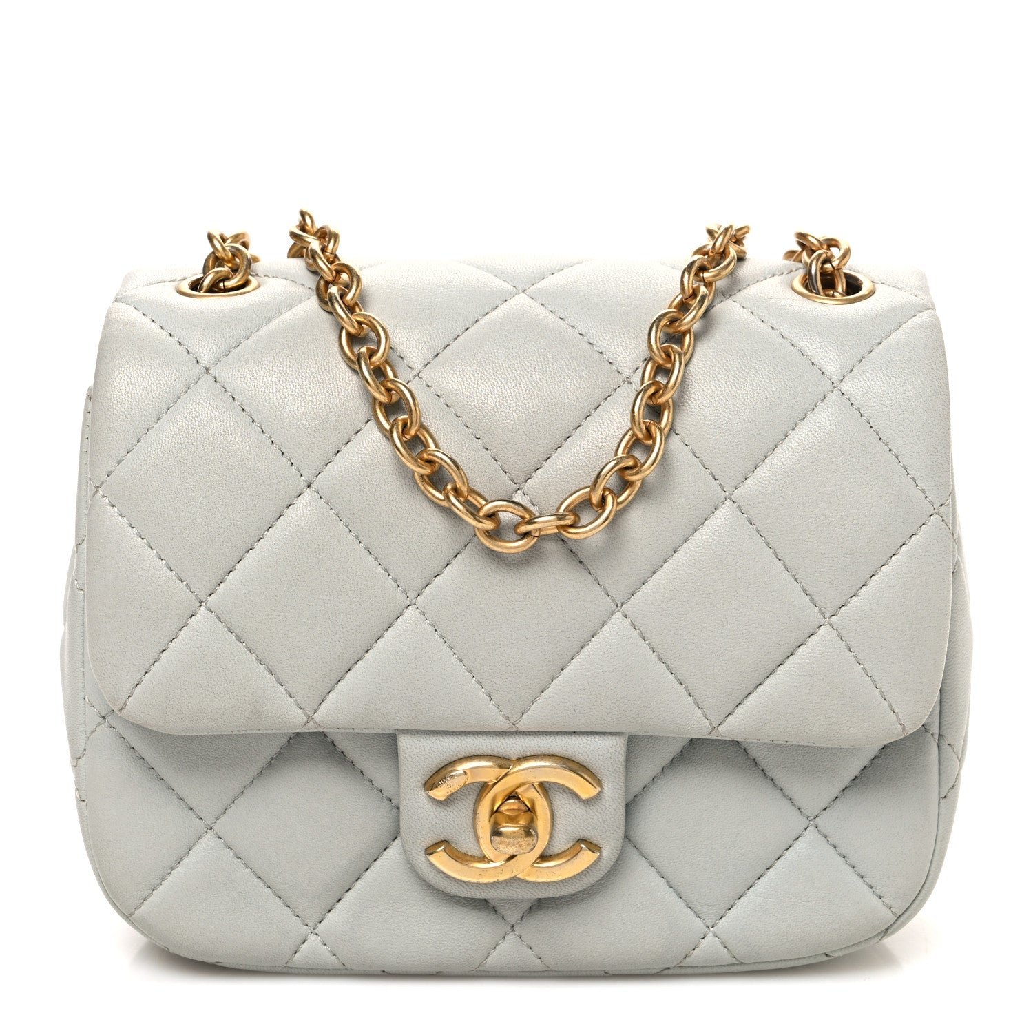 Chanel Lambskin Enamel Pearl Quilted Mini Charm Me Square Flap Light Blue