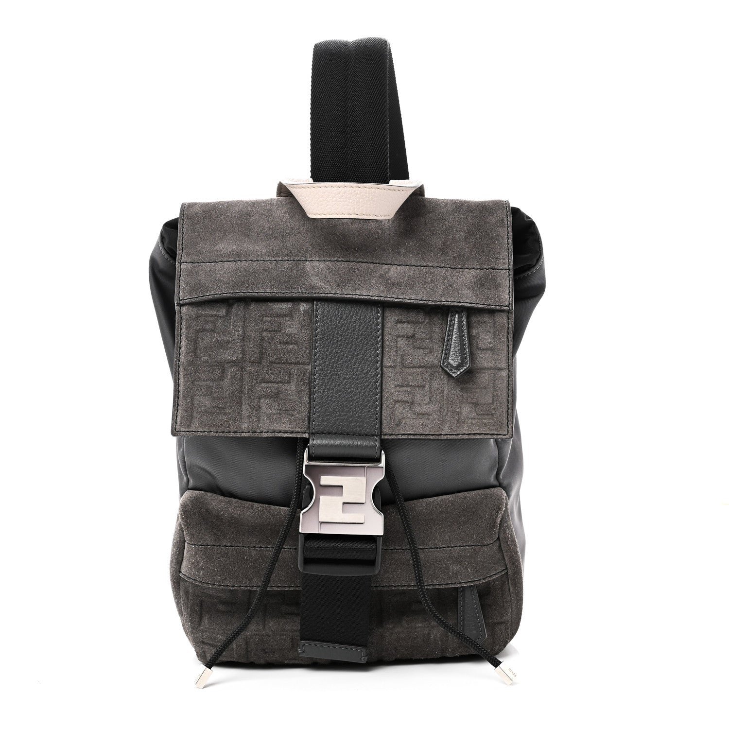 Fendi Suede Nylon Santander Cuoio Romano Bi-Color FF Embossed Small Fendiness Backpack Piombo Fango Grigio Polvere Asphalto