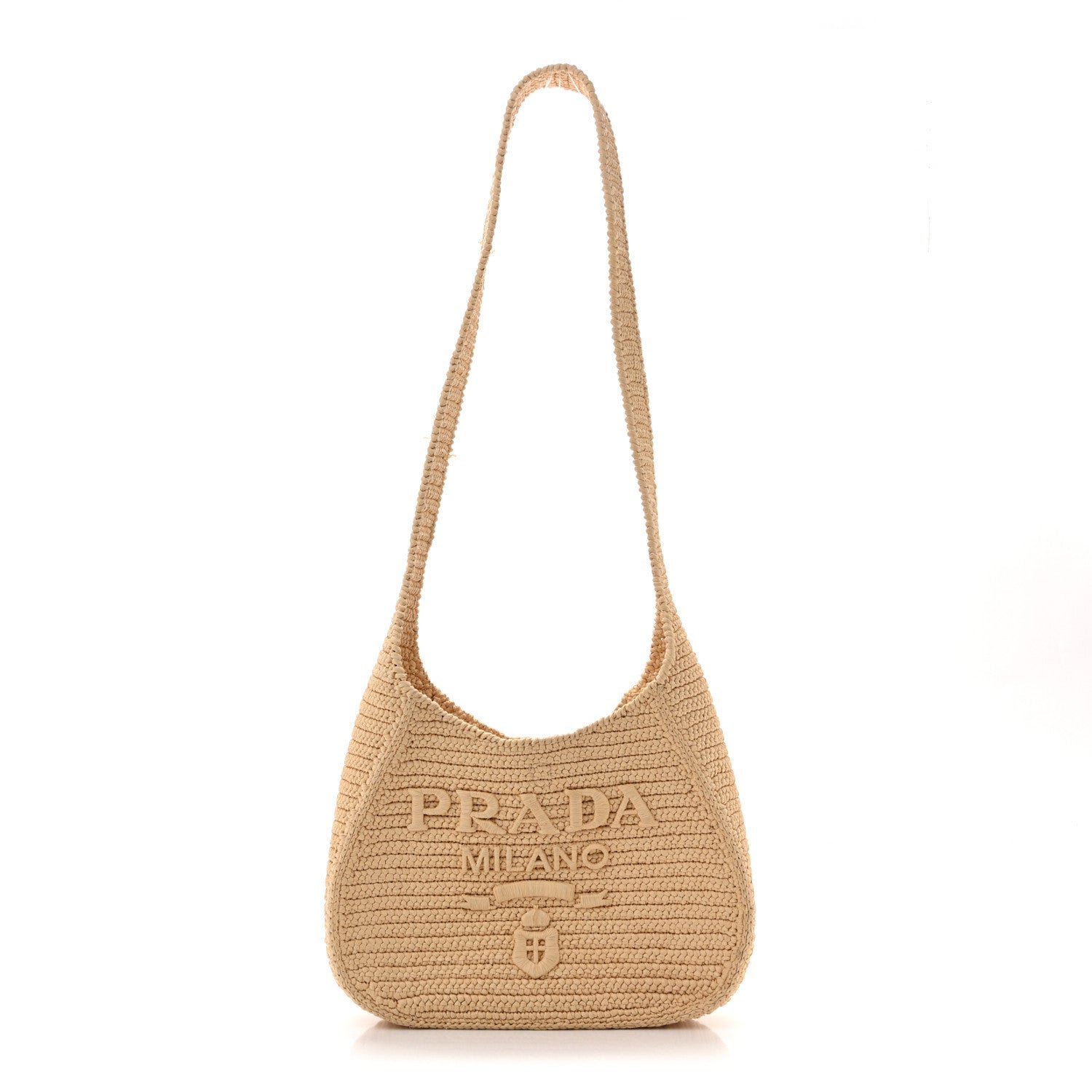 Prada Yarn Raffia Effect Crochet Embroidered Logo Hobo Naturale