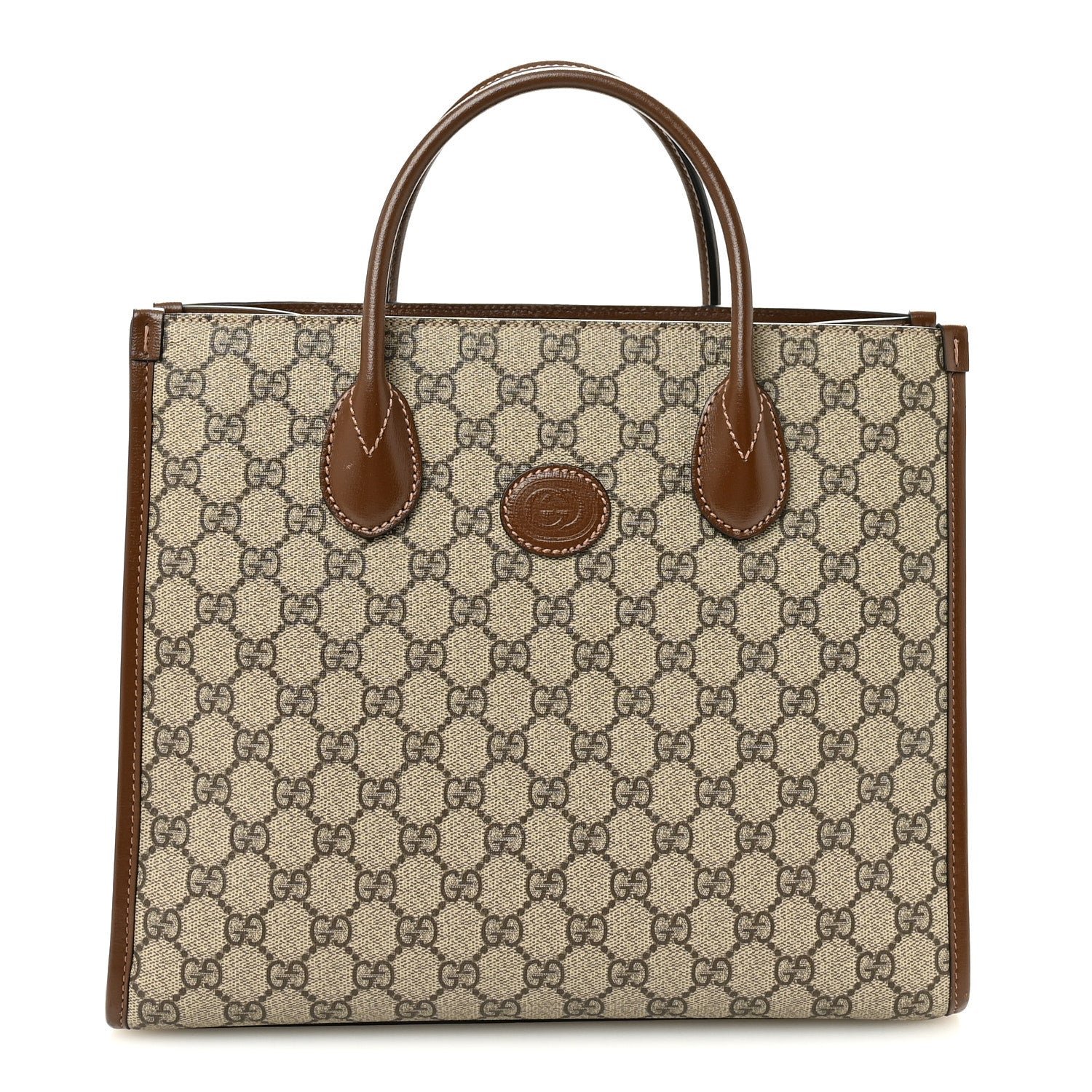 Gucci GG Supreme Monogram Azalea Calfskin Small Retro Interlocking G Tote Bag Beige Ebony Brown Sugar