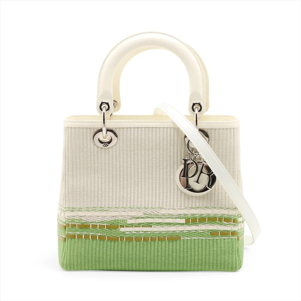 Christian Dior Lady Dior Raffia x patent leather 2 Way Handbag White x green