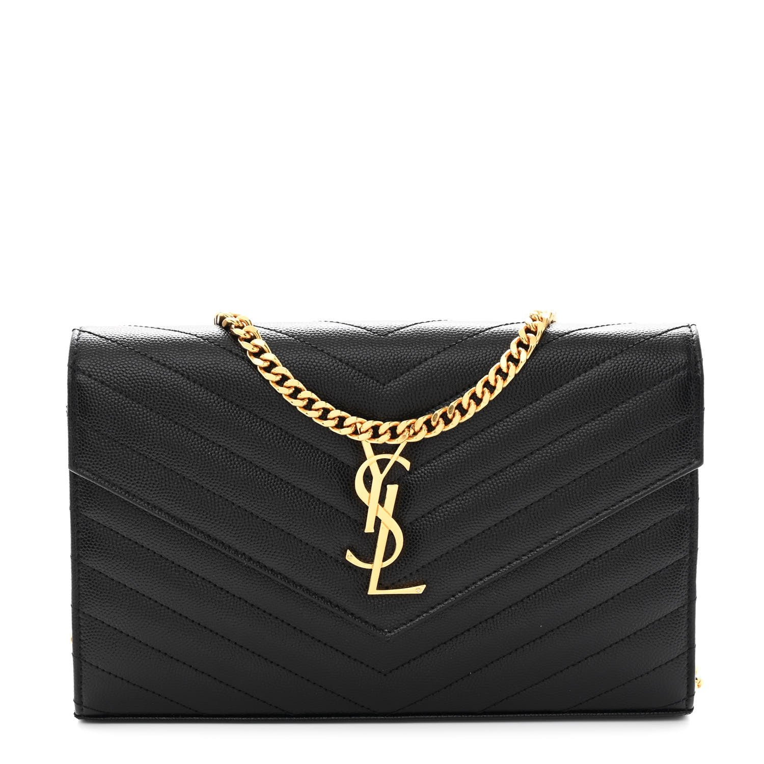Saint Laurent Saint Laurent Grain De Poudre Matelasse Chevron Monogram Chain Wallet Black