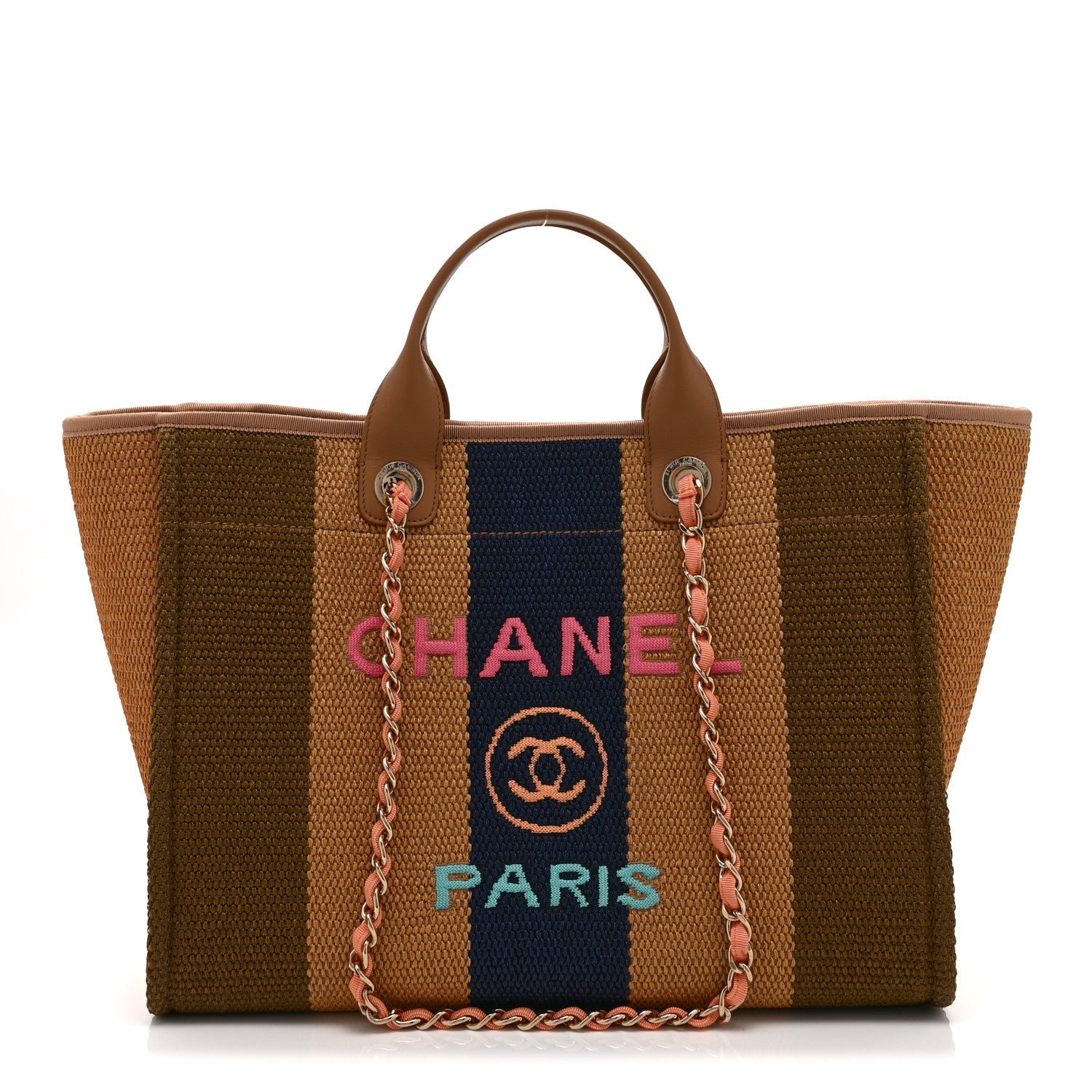Chanel Straw Raffia Calfskin Striped Medium Deauville Tote Khaki Beige Navy Blue