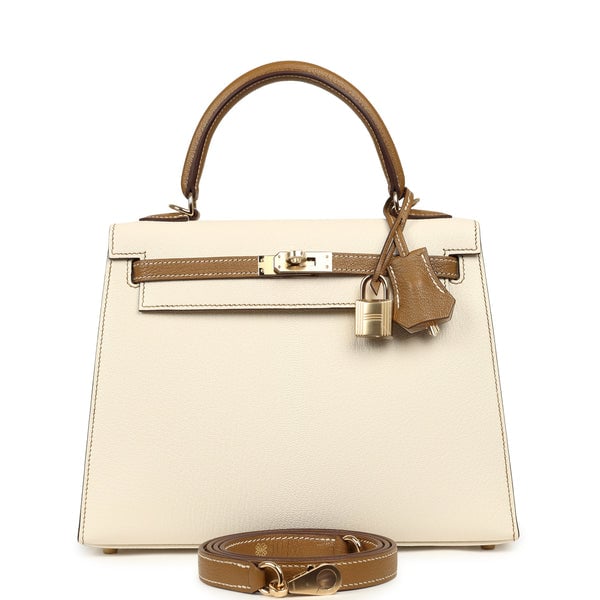 Hermes Special Order (HSS) Kelly Sellier 25 Nata, Caramel Chevre Mysore Permabrass Hardware