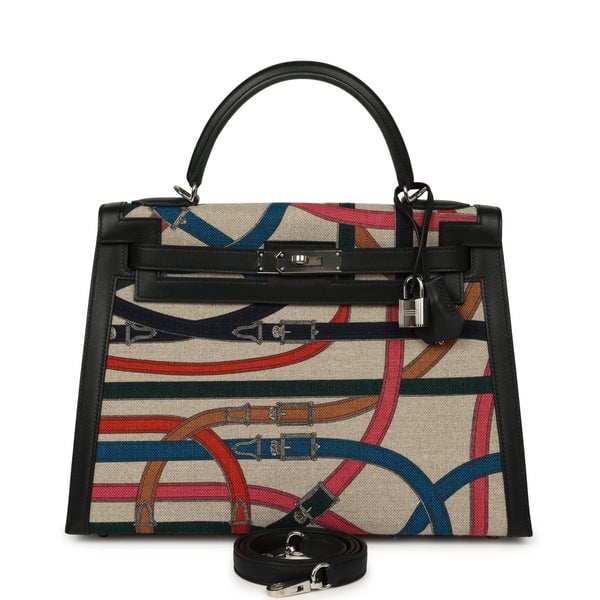 Pre-owned Hermes Kelly Sellier 32 Ficelle-Multicolor Toile De Camp Cavalcadour and Black Swift Palladium Hardware
