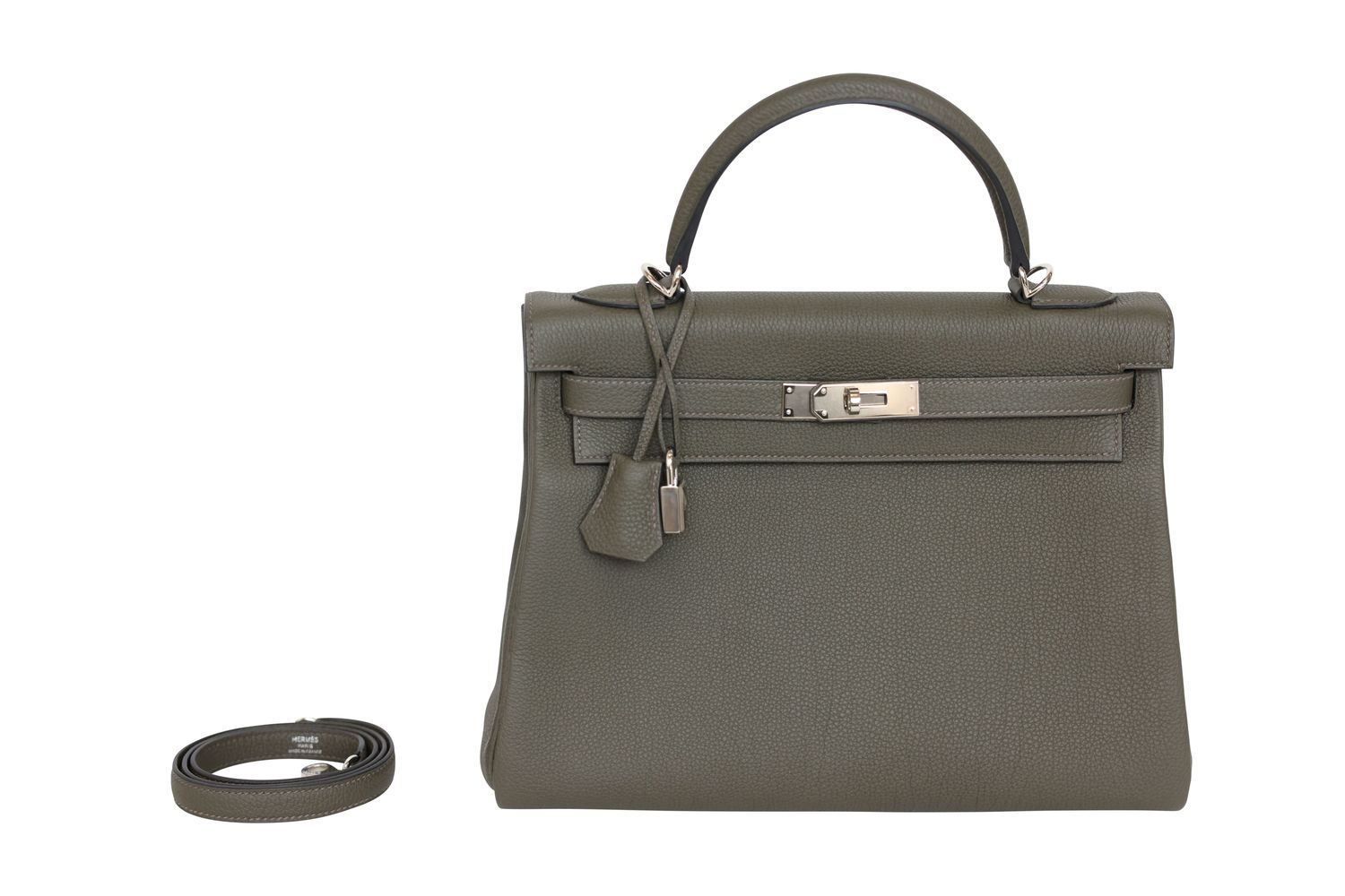 Hermes Kelly 32 Handbag, Gray Green Vert de Gris Togo Leather and Palladium Hardware, U 2022 Stamp, Preowned in Box WA001