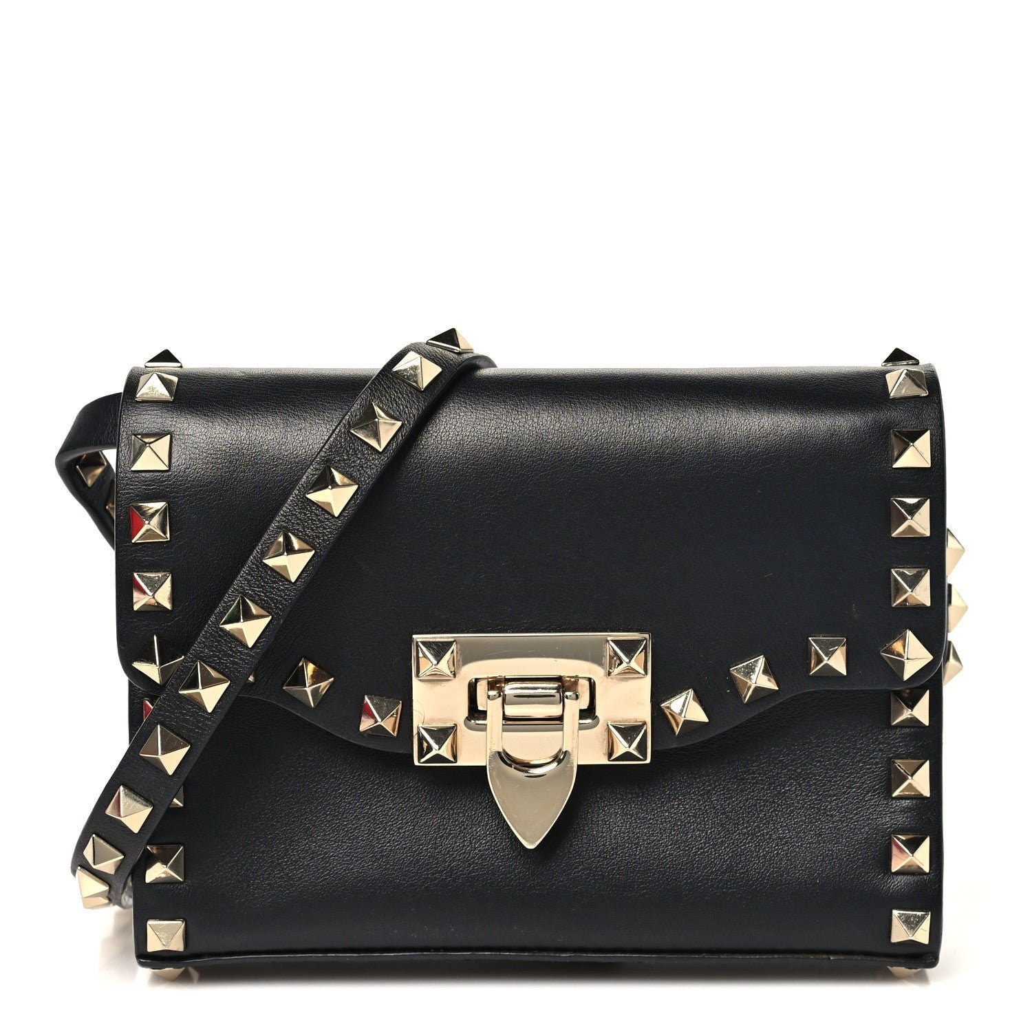 Valentino Garavani Pebbled Calfskin Rockstud Flip Lock Crossbody Bag Black