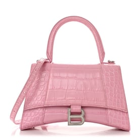Balenciaga Shiny Calfskin Crocodile Embossed Small Hourglass Top Handle Bag Candy Pink