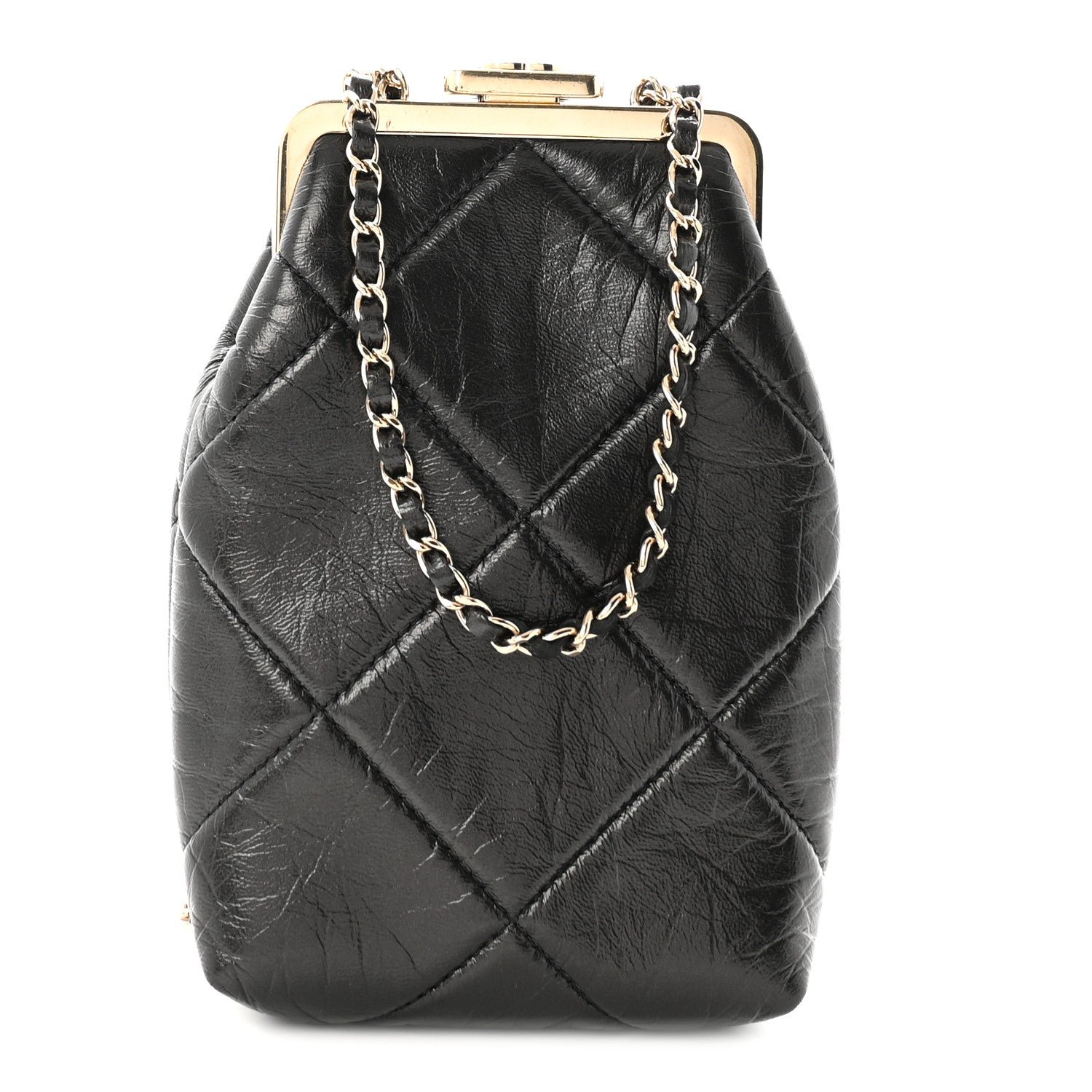 Chanel Shiny Aged Lambskin Quilted Kiss Lock Clutch With Chain Black