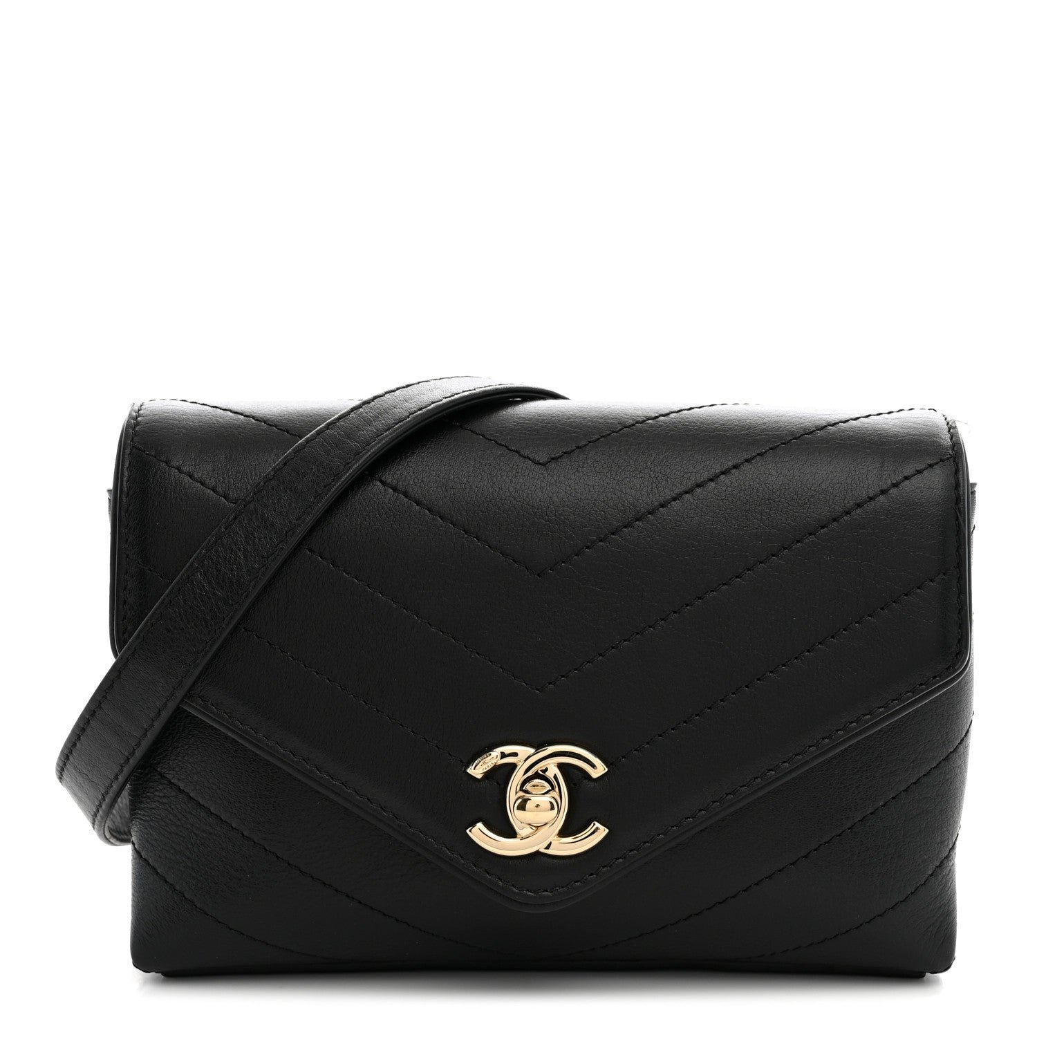 Chanel Calfskin Chevron Stitched Coco Waist Bag Black