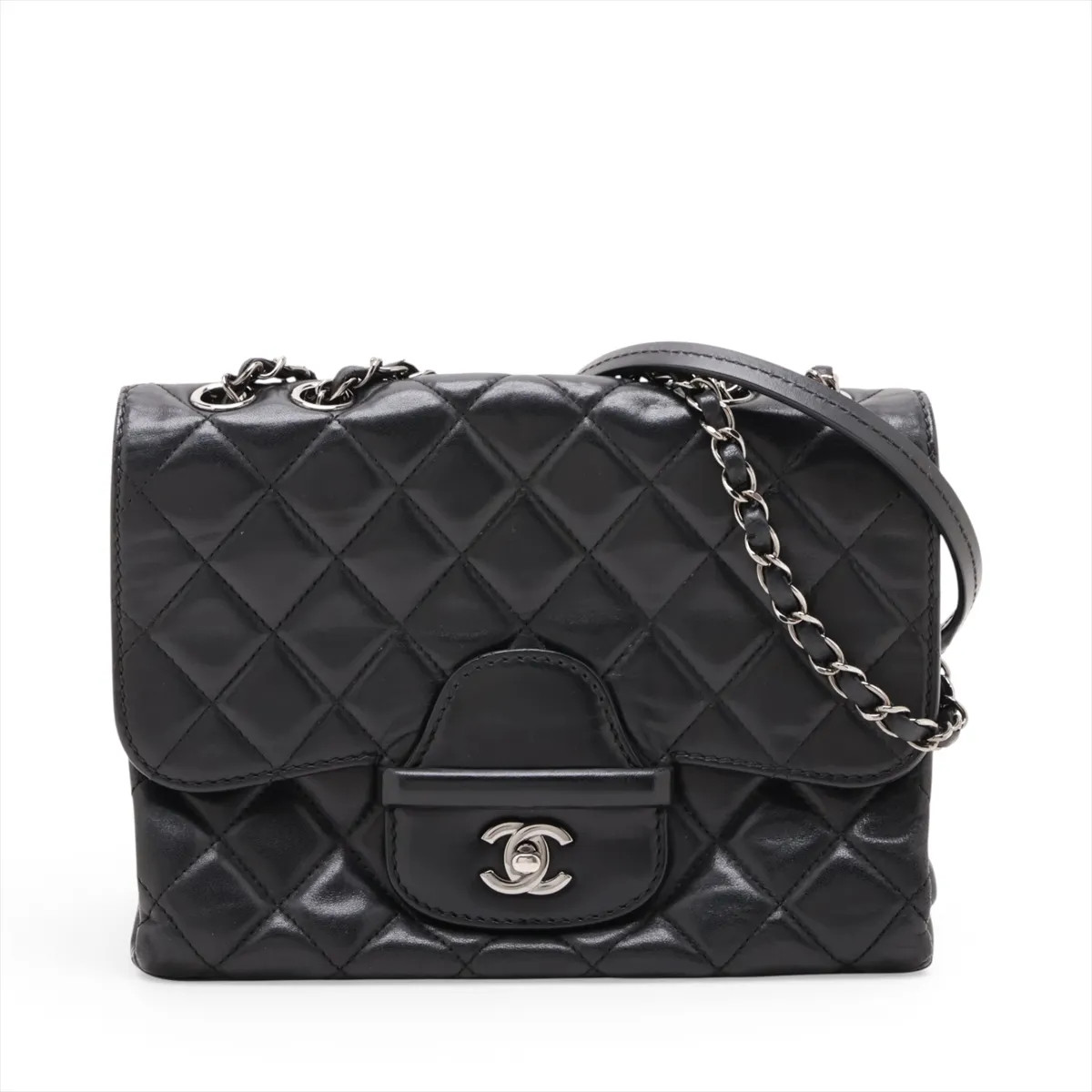 Chanel Matelasse Lambskin Single Flap Double Chain Bag Black Silver Metal Fittin