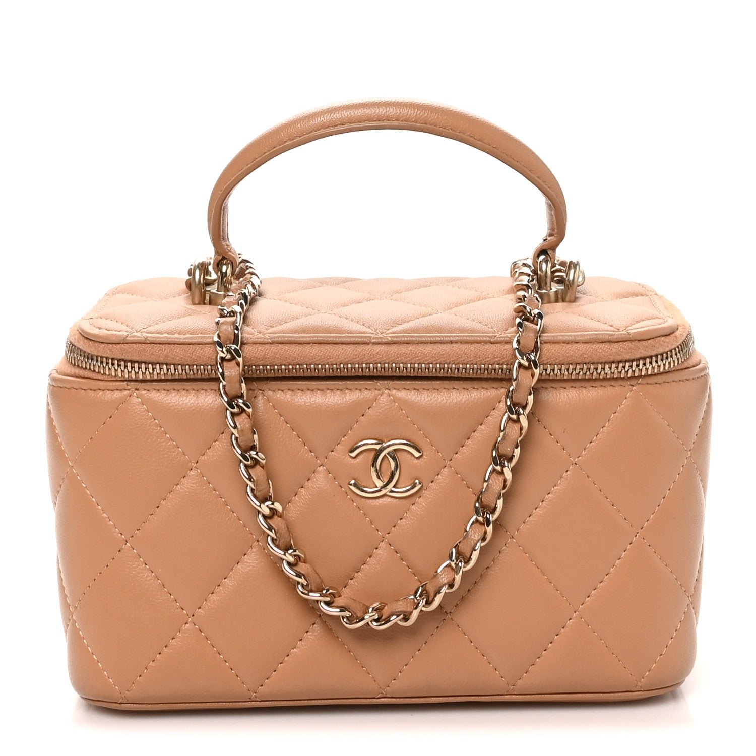 Chanel Lambskin Quilted Small Top Handle Vanity Case With Chain Beige