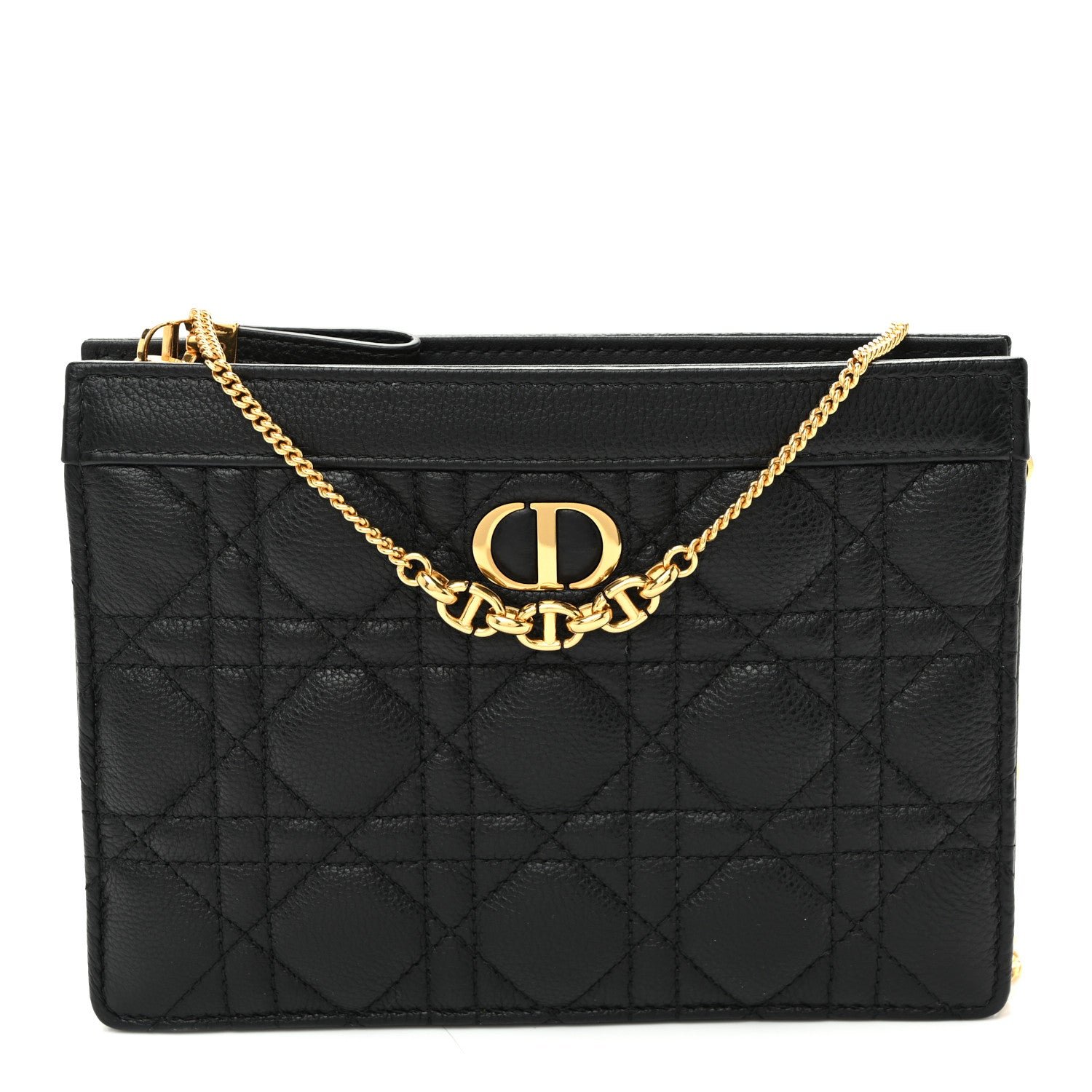 Christian Dior Calfskin Cannage Caro Zipped Pouch With Chain Black