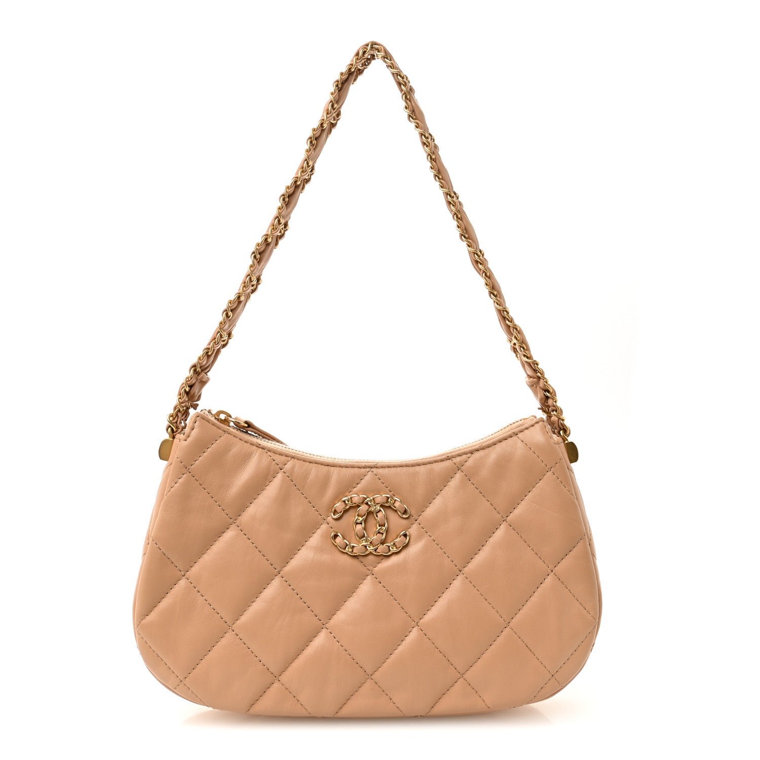 Chanel Crumpled Calfskin Quilted Braided CC Hobo Beige