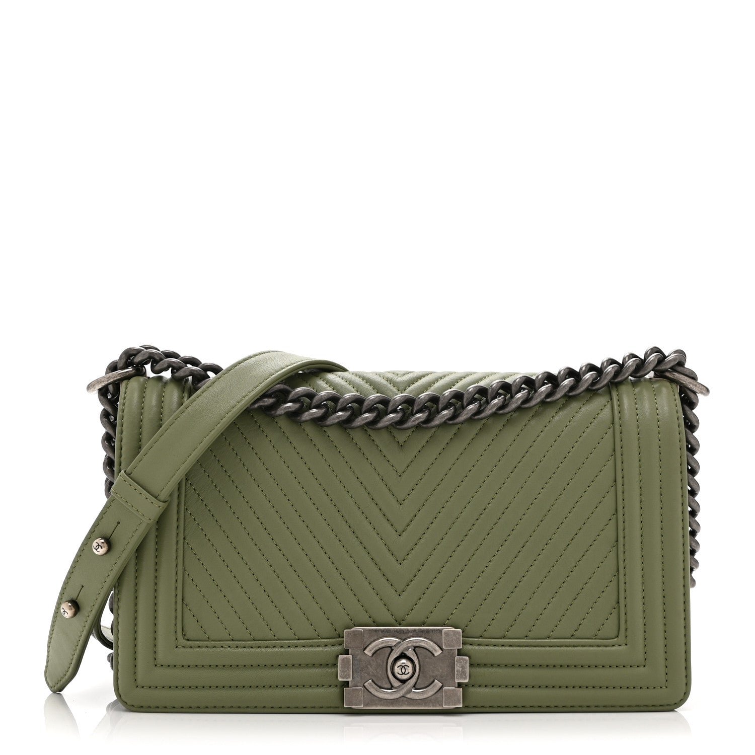 Chanel Calfskin Chevron Quilted Medium Boy Flap Green