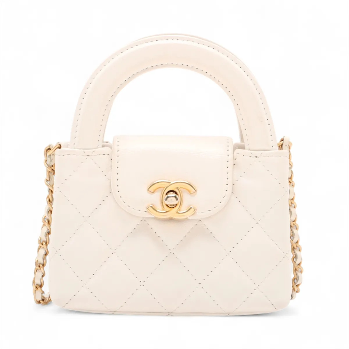 Chanel Matelasse Leather 2 Way Handbag White Gold Metal Fittings random serial A