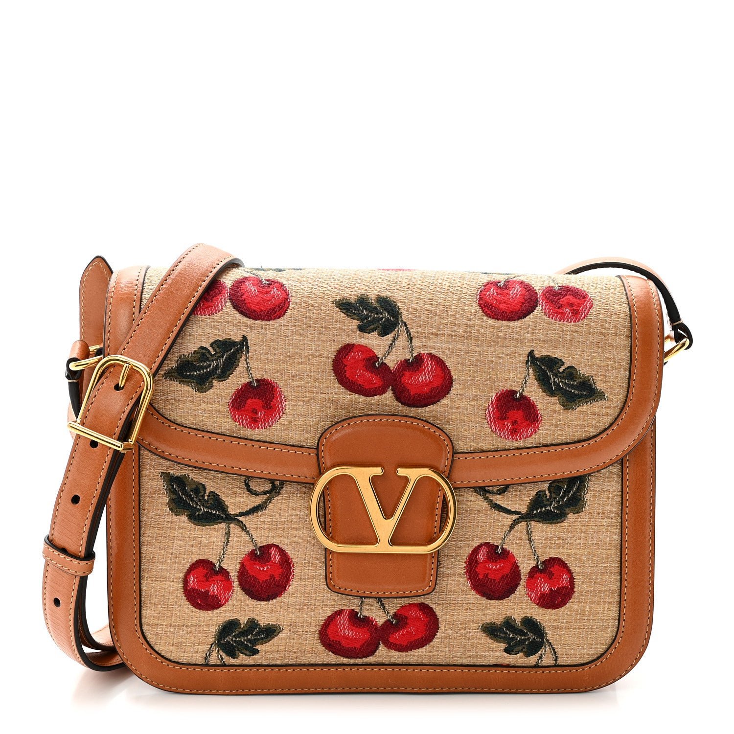 Valentino Garavani Jacquard Raffia Cherryfic 9to5 Shoulder Bag Natural Red