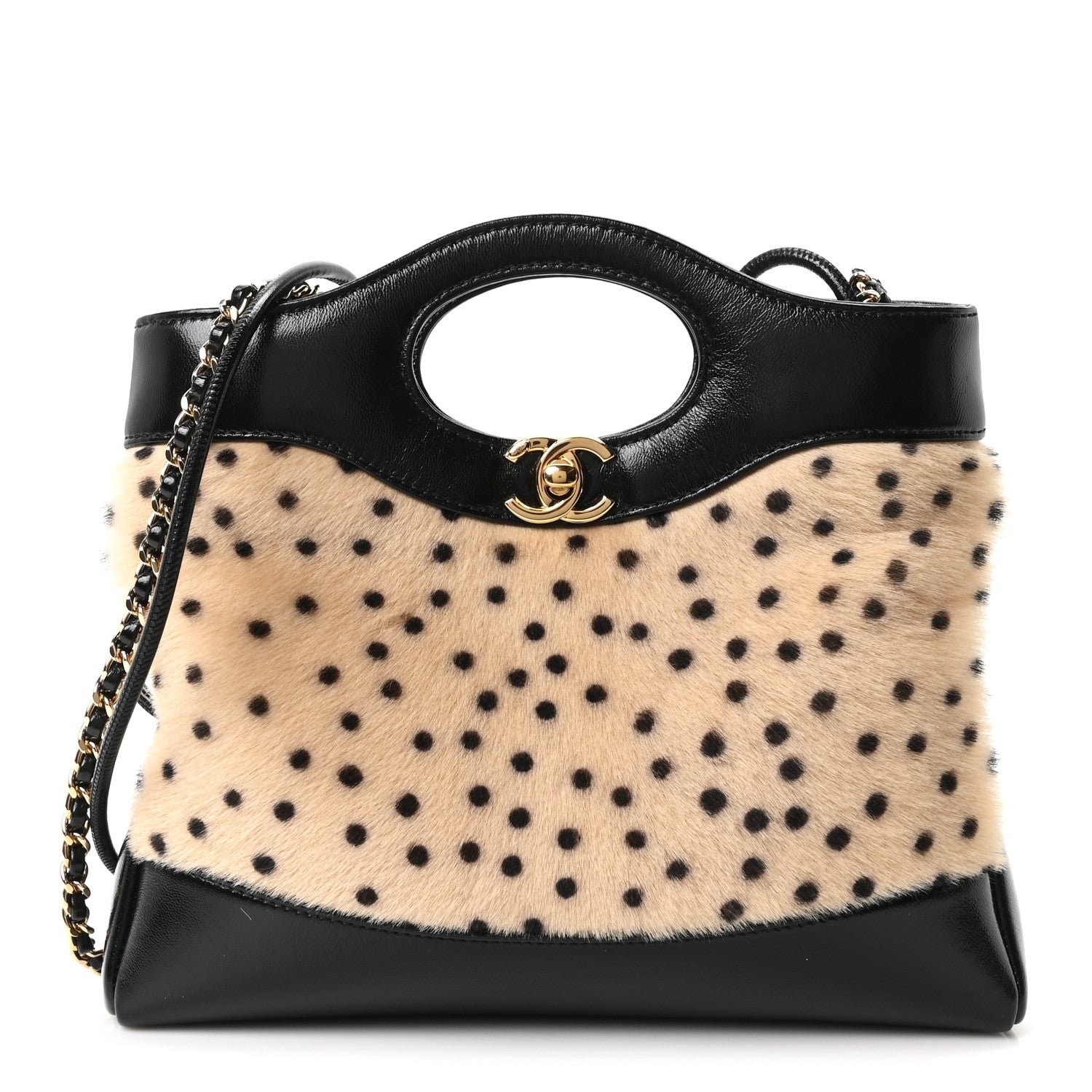 Chanel Shiny Lambskin Pony Hair Cheetah Printed Mini 31 Shopping Bag Light Beige Black