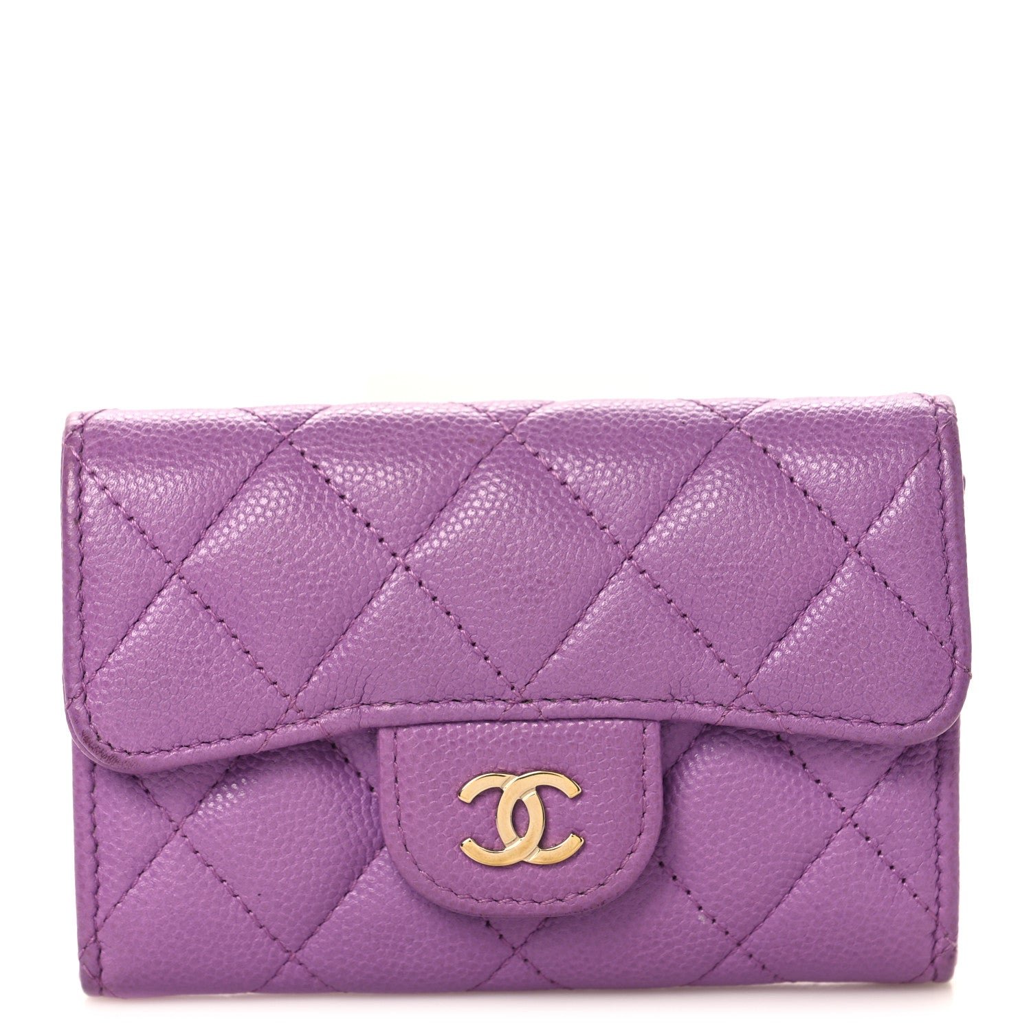 Chanel Caviar Quilted Flap Card Holder Wallet Purple