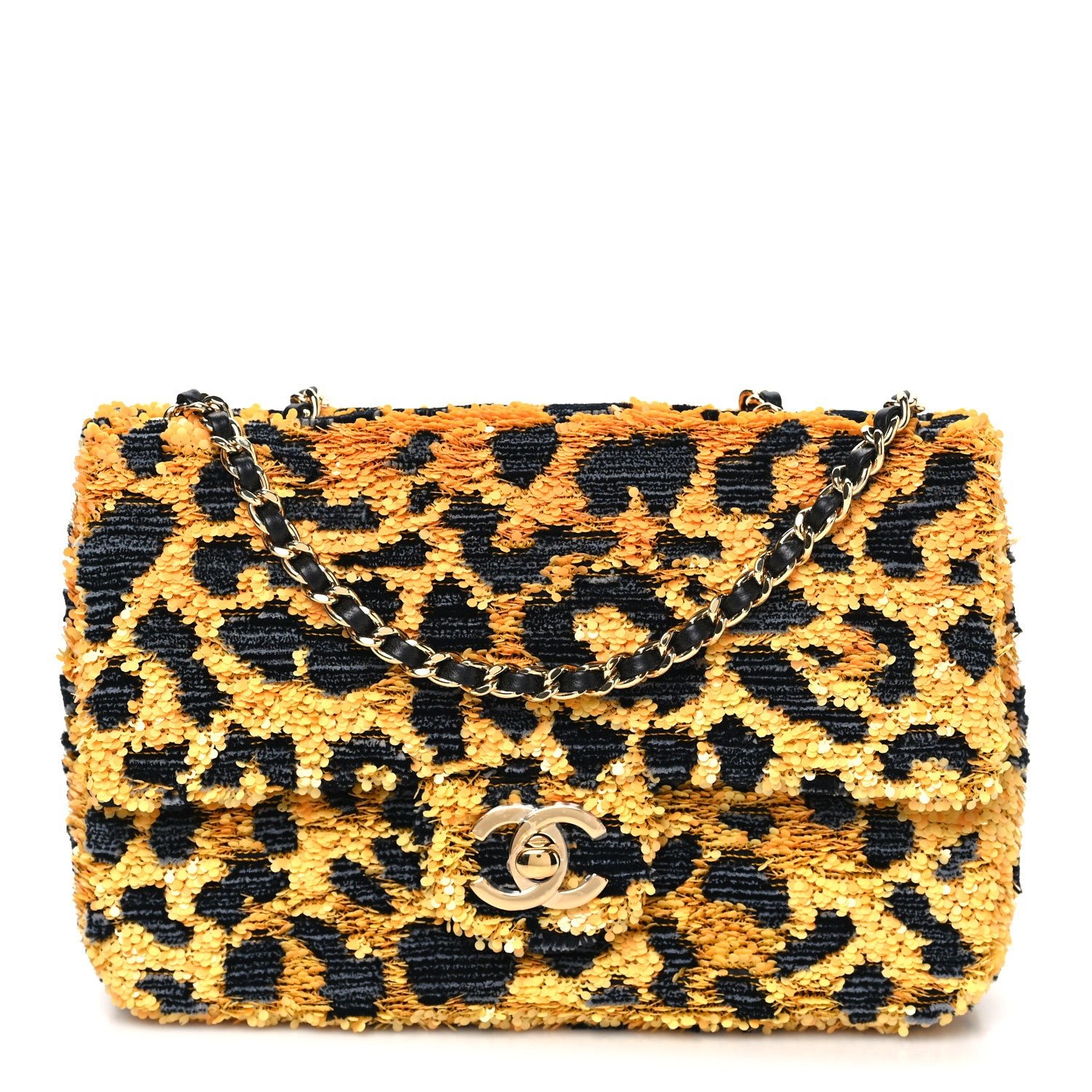 Chanel Sequin Mixed Fibers Leopard Print Mini Rectangular Flap Black Orange