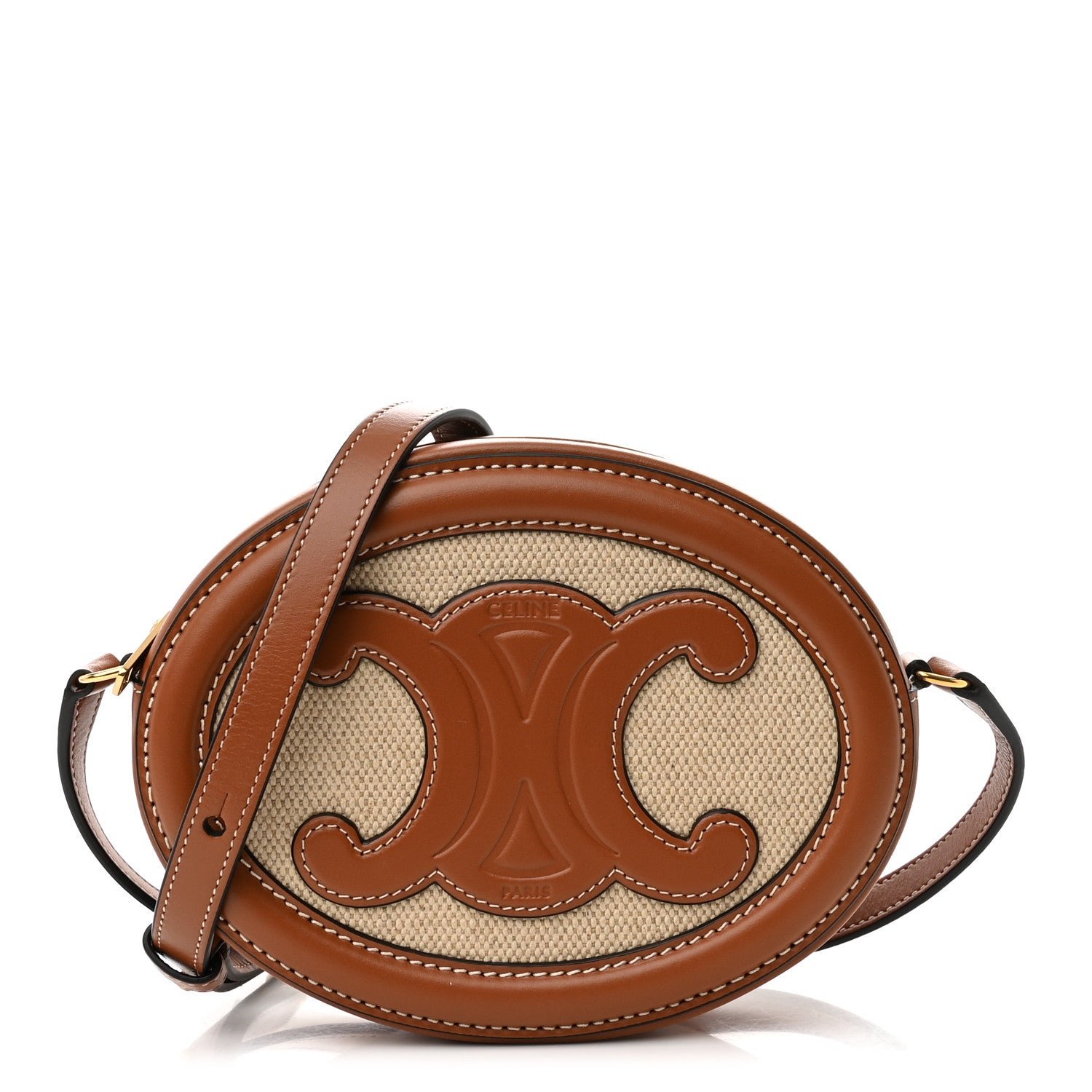 Celine Canvas Calfskin Cuir Small Triomphe Oval Crossbody Purse Natural Tan
