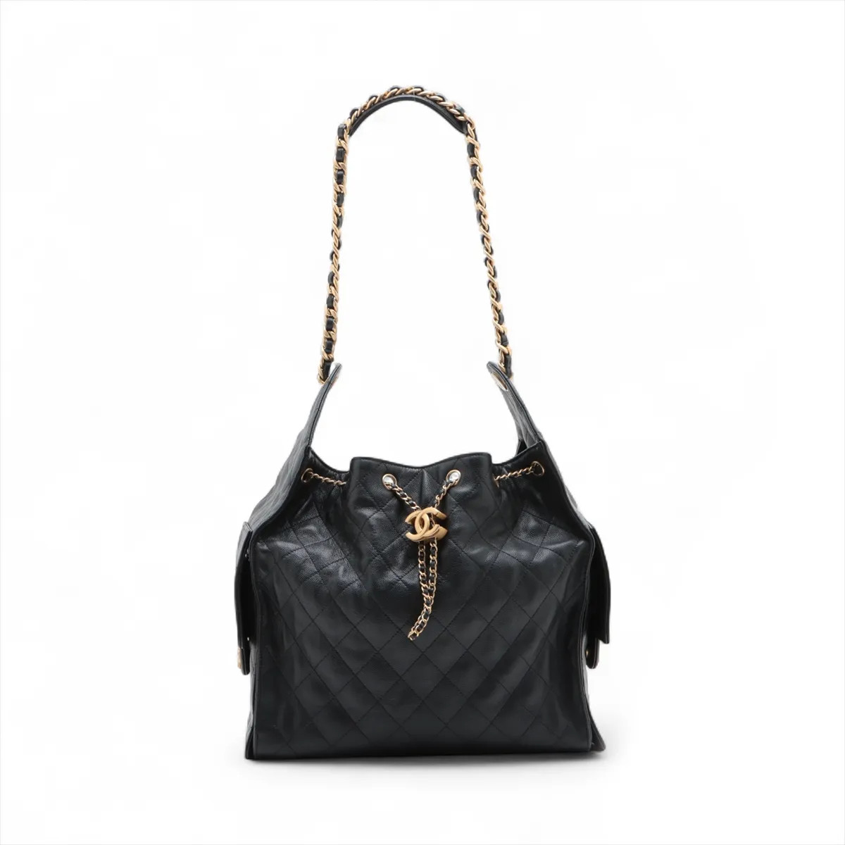 Chanel Chanel 25 Medium Caviar Skin Chain Shoulder Bag Black Gold Metal Fittings