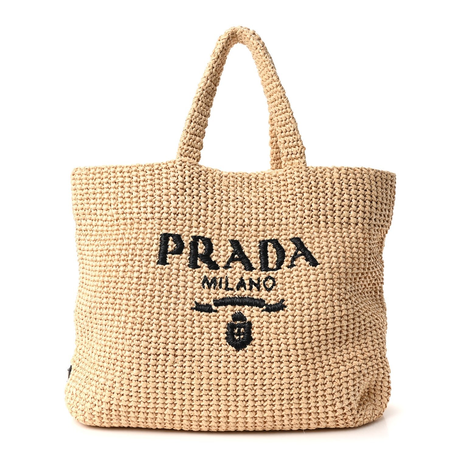 Yarn Raffia Effect Crochet Embroidered Logo Tote Naturale