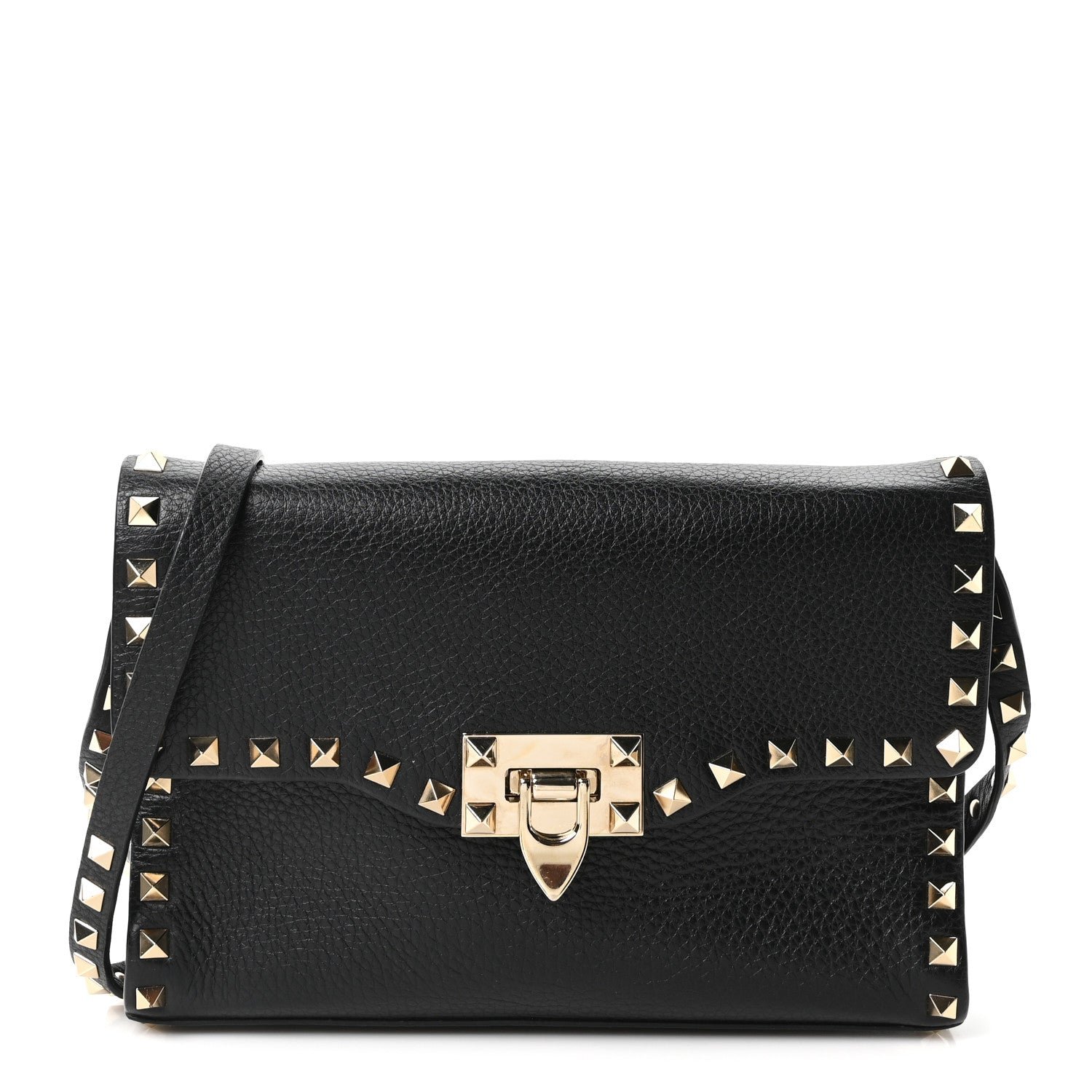 Pebbled Calfskin Medium Rockstud Flip Lock Crossbody Bag Black