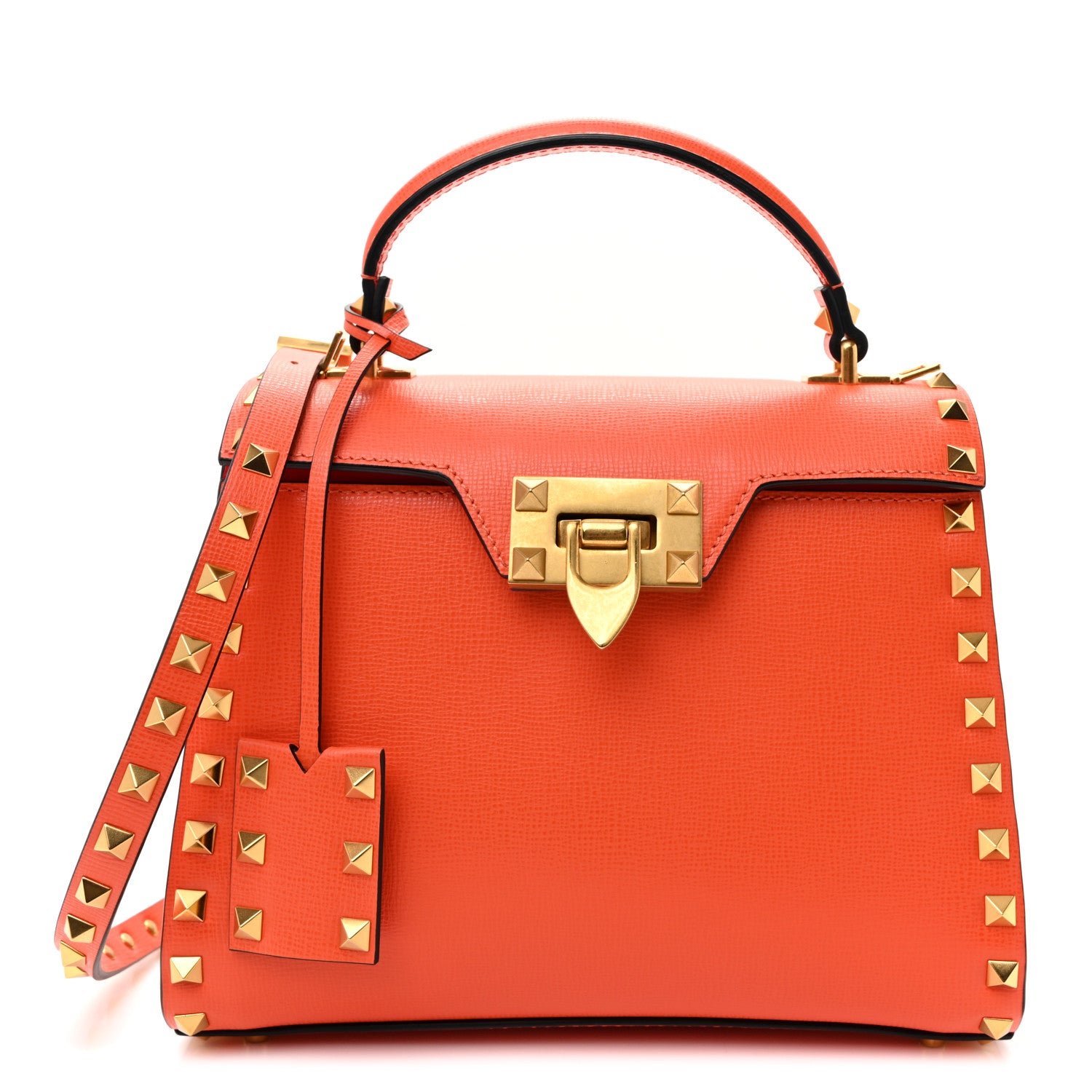 Valentino Garavani Grainy Calfskin Small Rockstud Alcove Top-Handle Flap Bag Orange