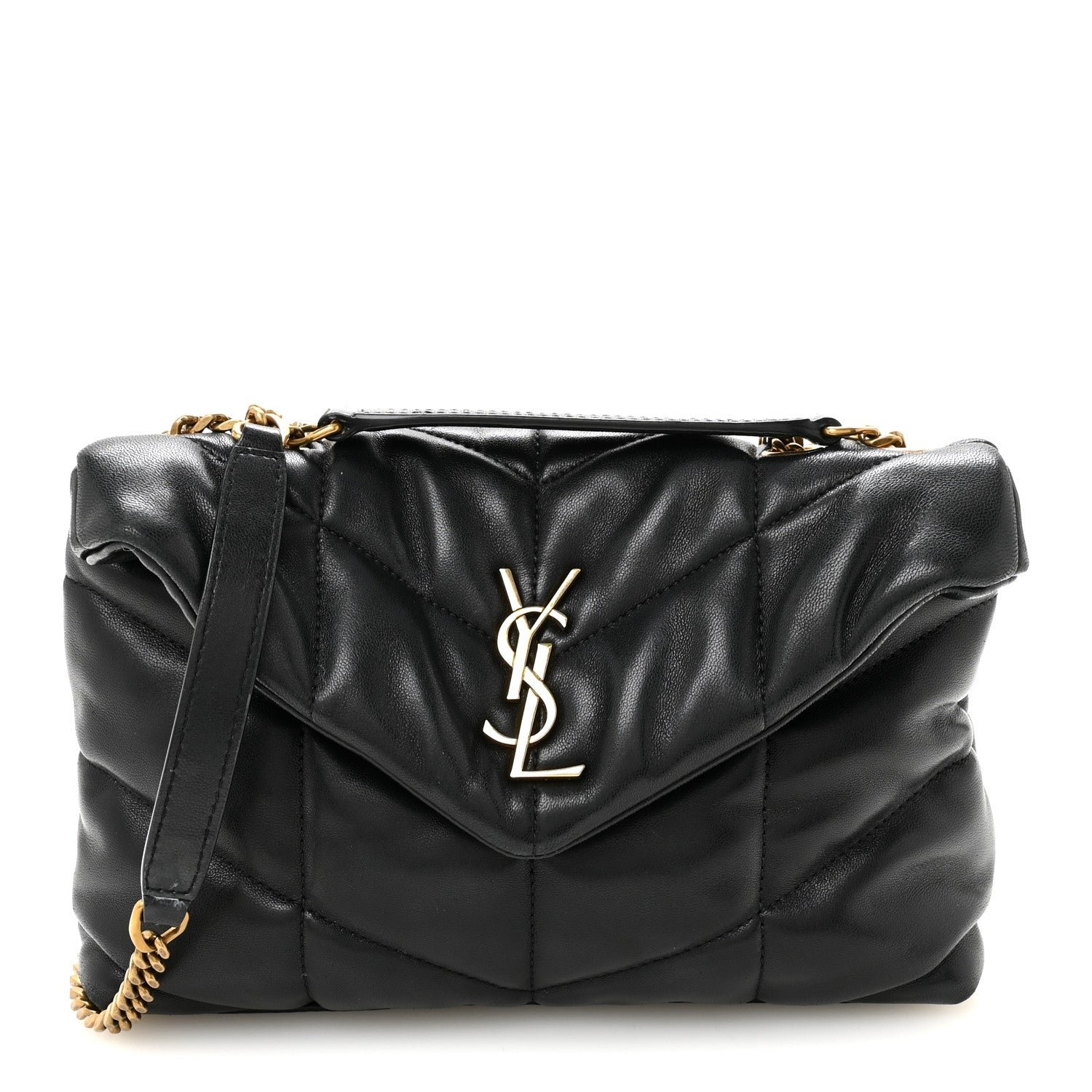 Saint Laurent Lambskin Quilted Toy Loulou Puffer Monogram Chain Satchel Black