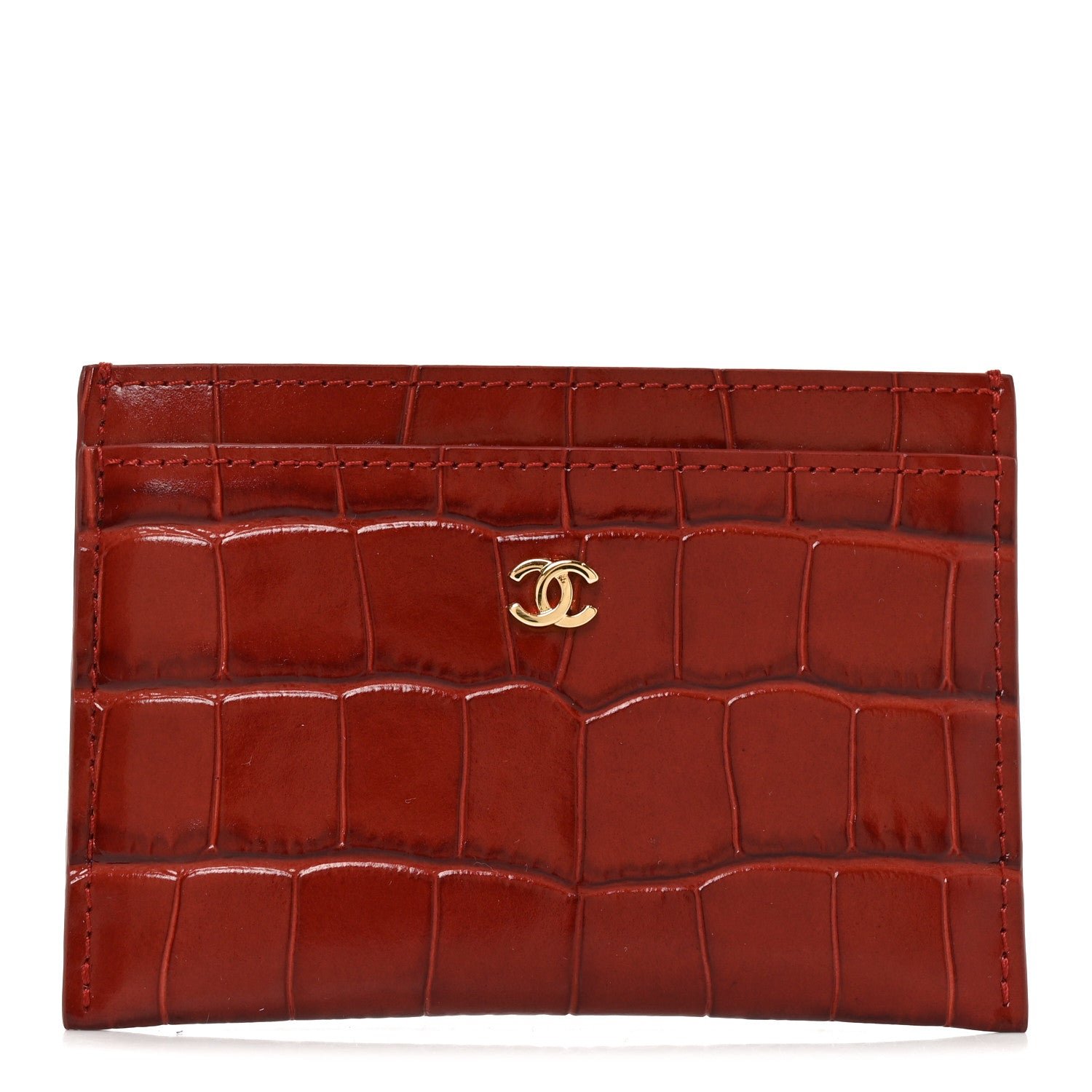 Chanel Calfskin Crocodile Embossed Crococo Card Holder Burgundy