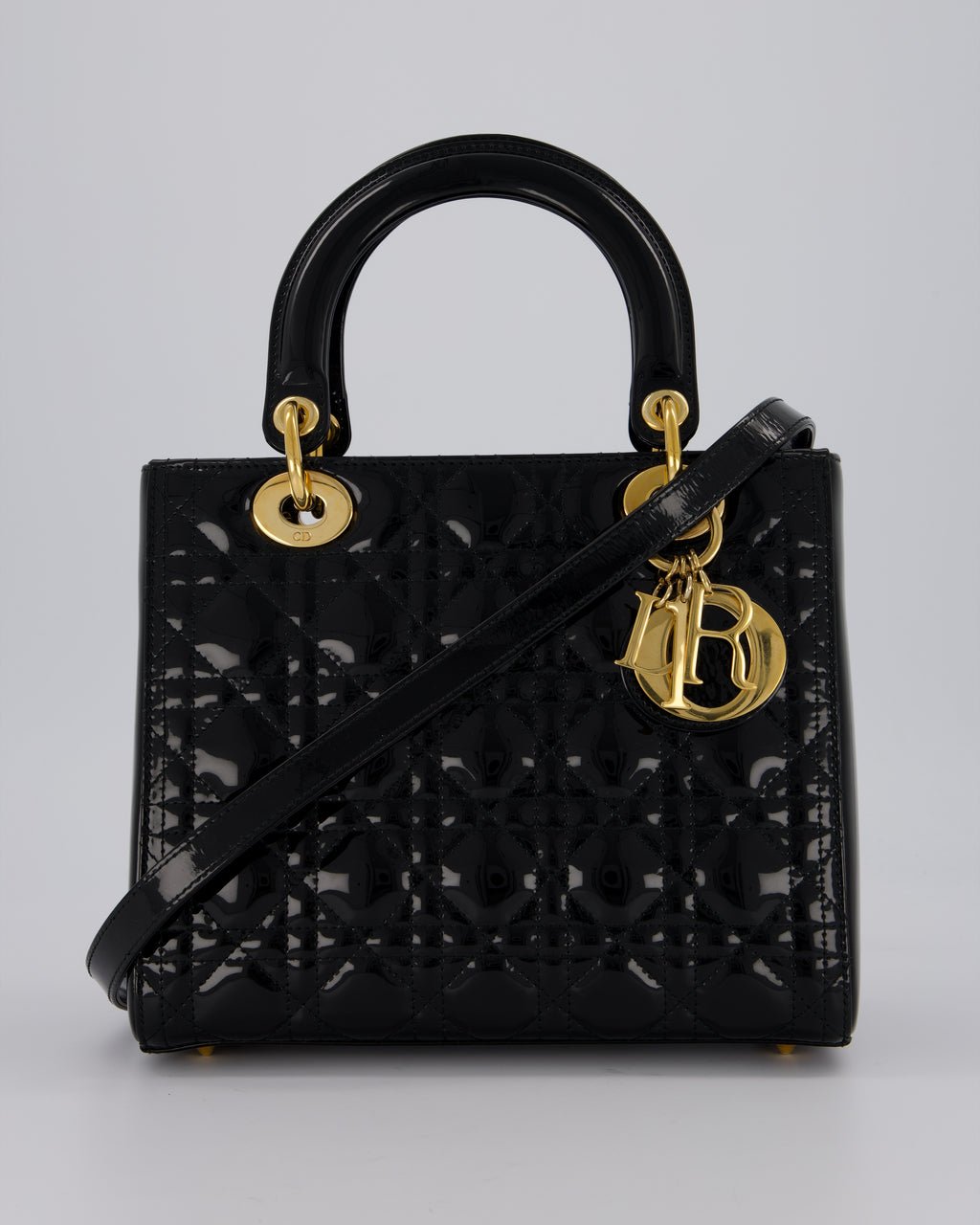 Christian Dior Medium Lady Dior Bag in Black Patent Leather With Gold Hardware