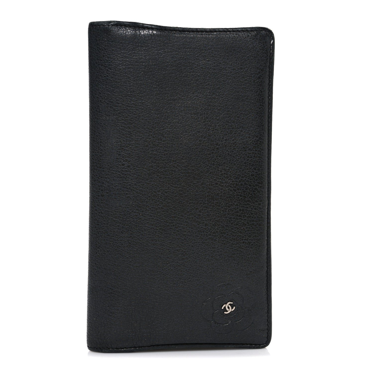 Chanel Goatskin Camellia Embossed Yen Wallet Black