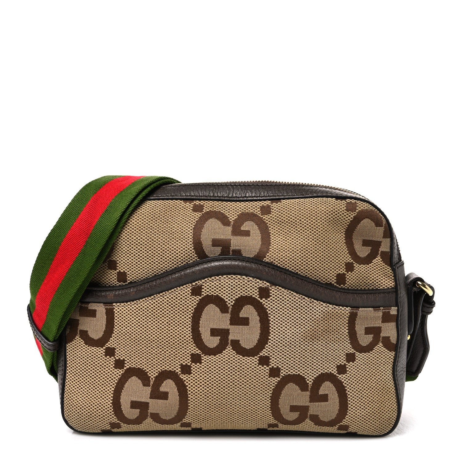 Gucci Monogram Jumbo GG Textured Dollar Calfskin Web Messenger Shoulder Bag Camel Ebony New Acero