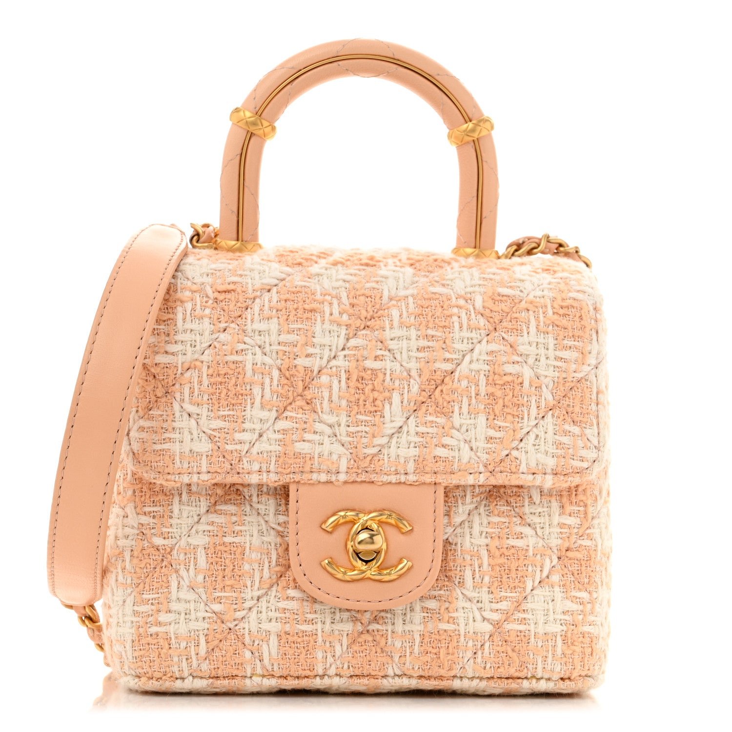 Chanel Tweed Handle Crush Top Handle Flap Bag Orange Ecru